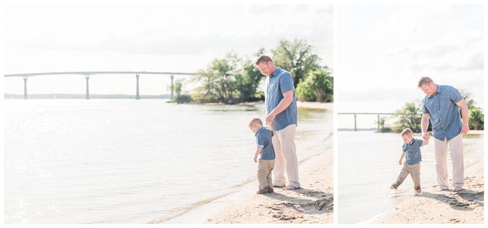 father and son on the beach in front of the Thomas Johnson bridge