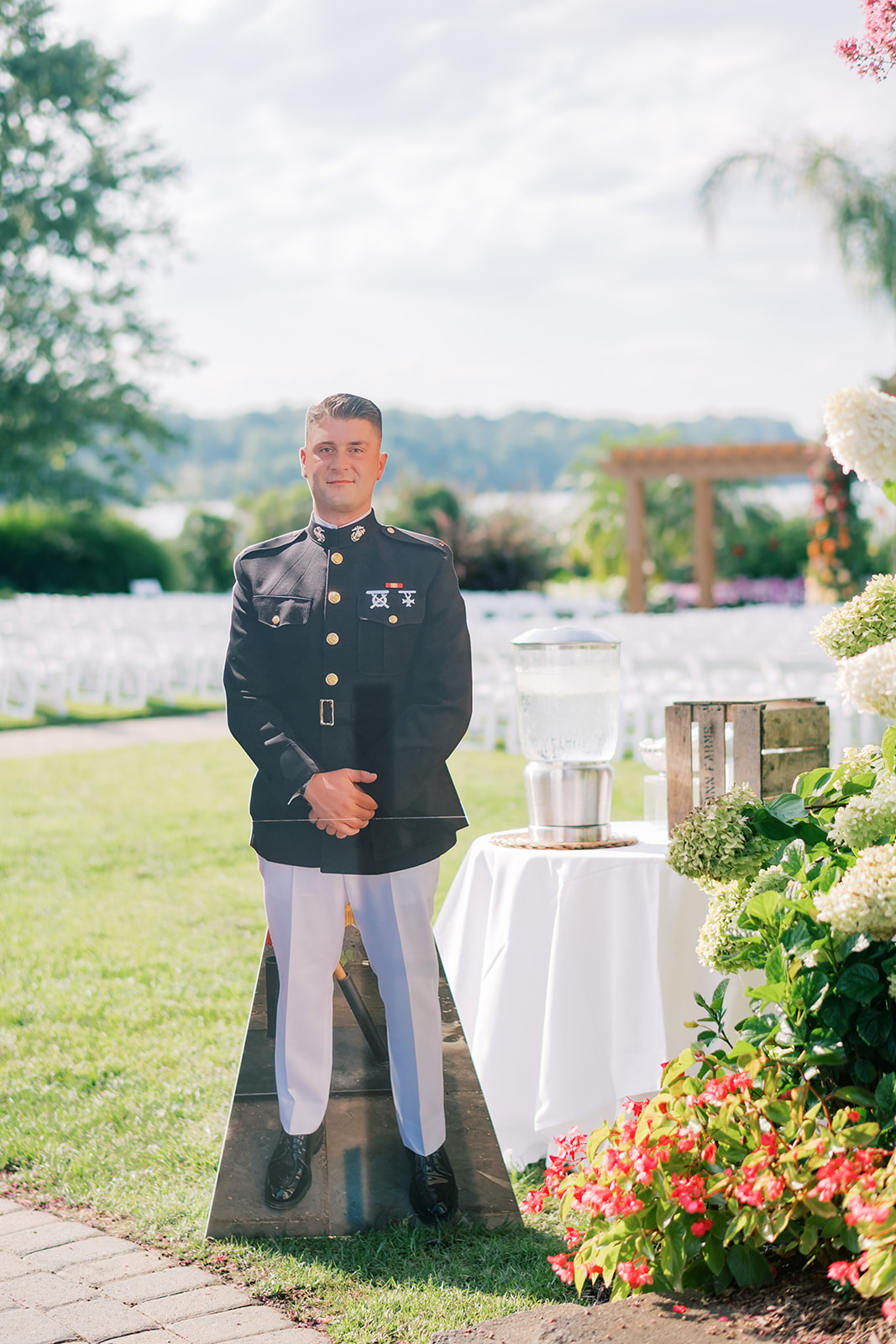 life-size photo of bride's brother in military attire