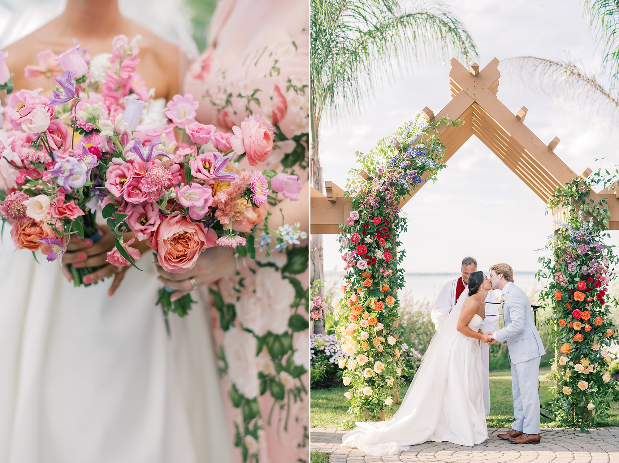 bride holds bouquet of bright pink flowers and bride and groom kiss under arbor with colorful roses 