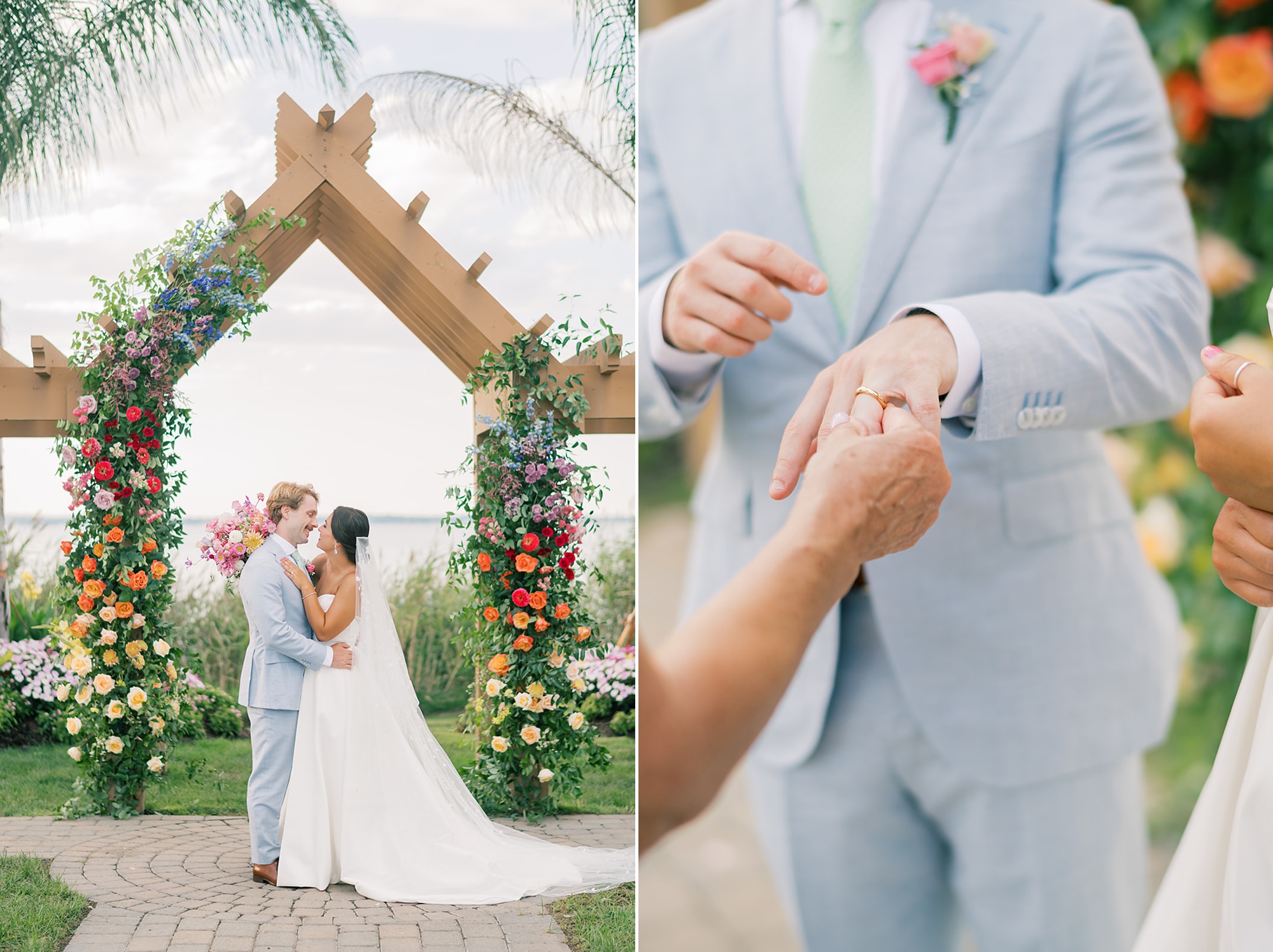groom in light blue suit shows off wedding ring