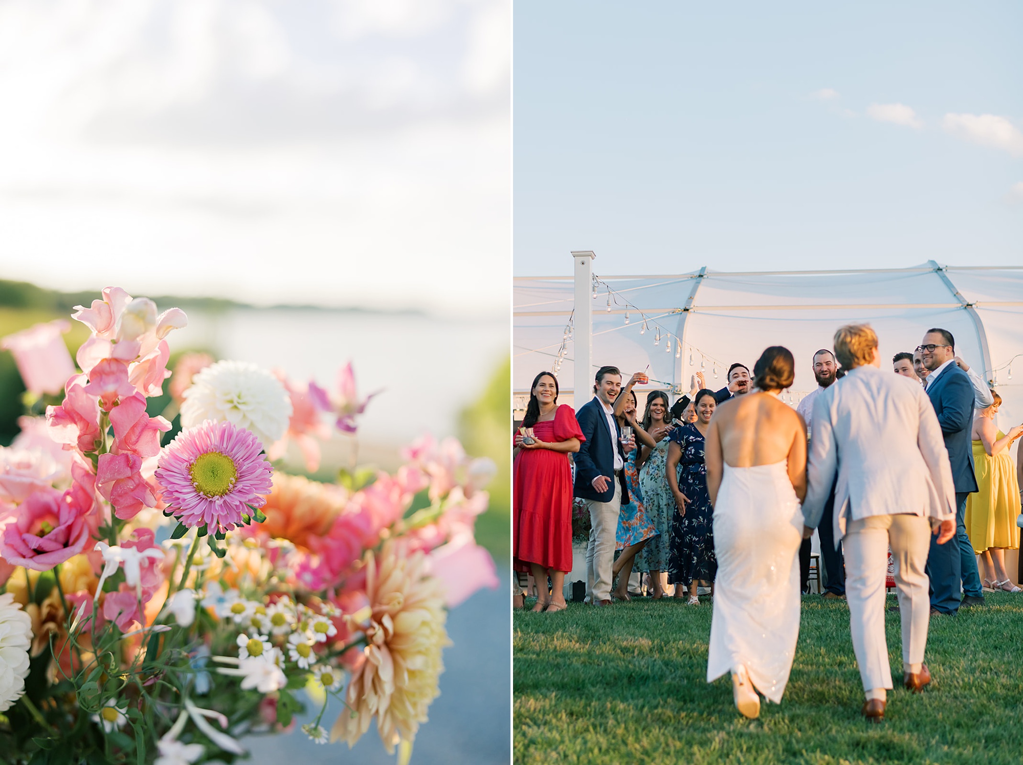 bride and groom hold hands walking towards guests and tented wedding reception at Herrington on the Bay