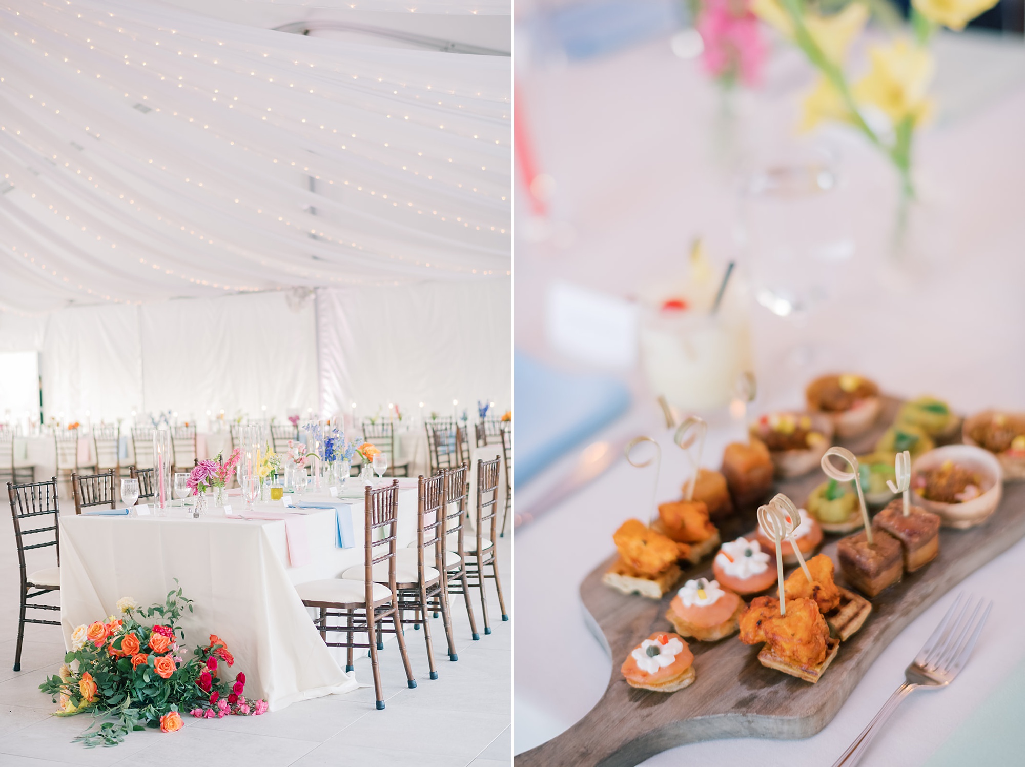 tented wedding reception at Herrington on the Bay with custom appetizers