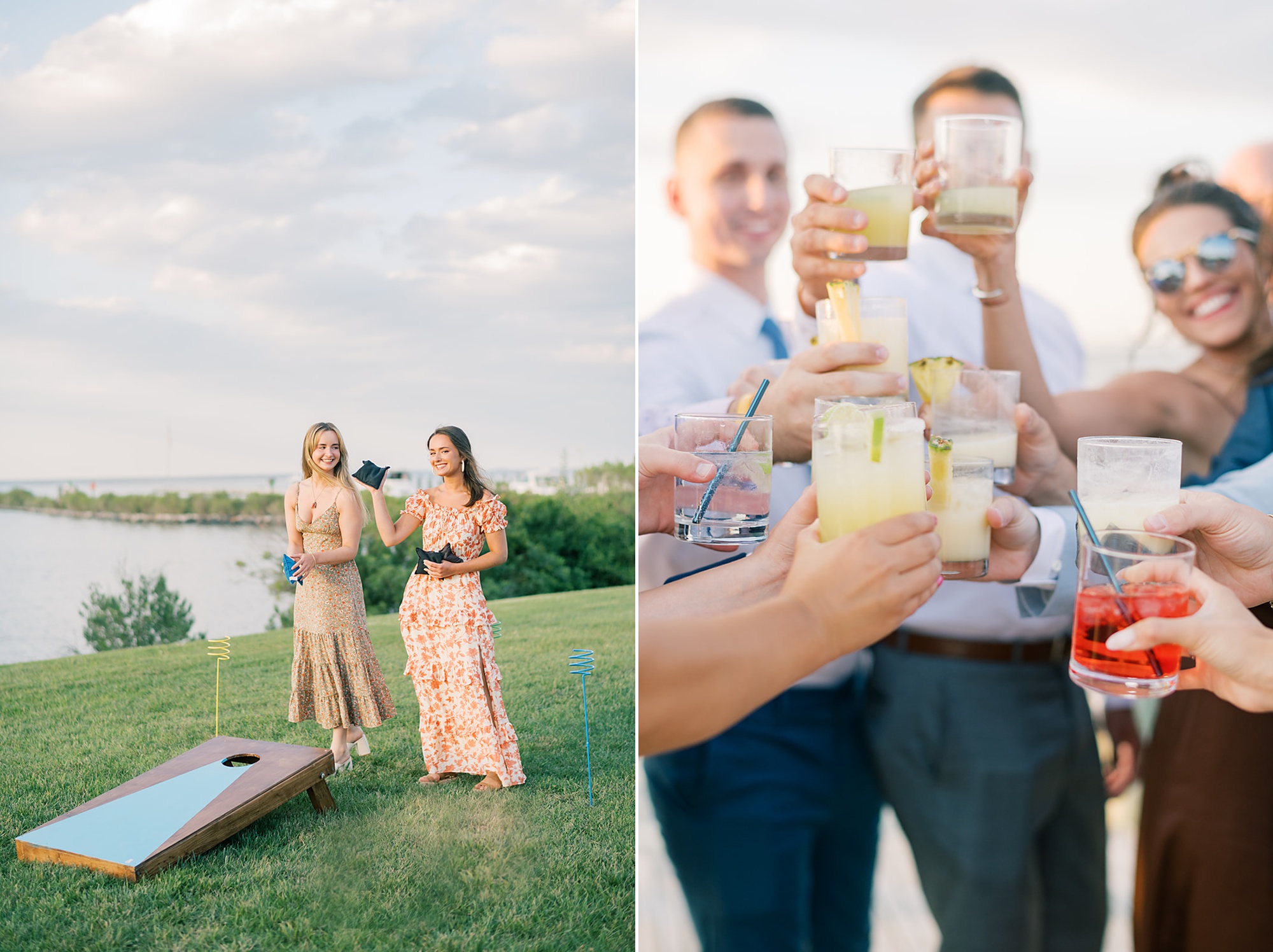 bride and groom toast custom cocktails with wedding party