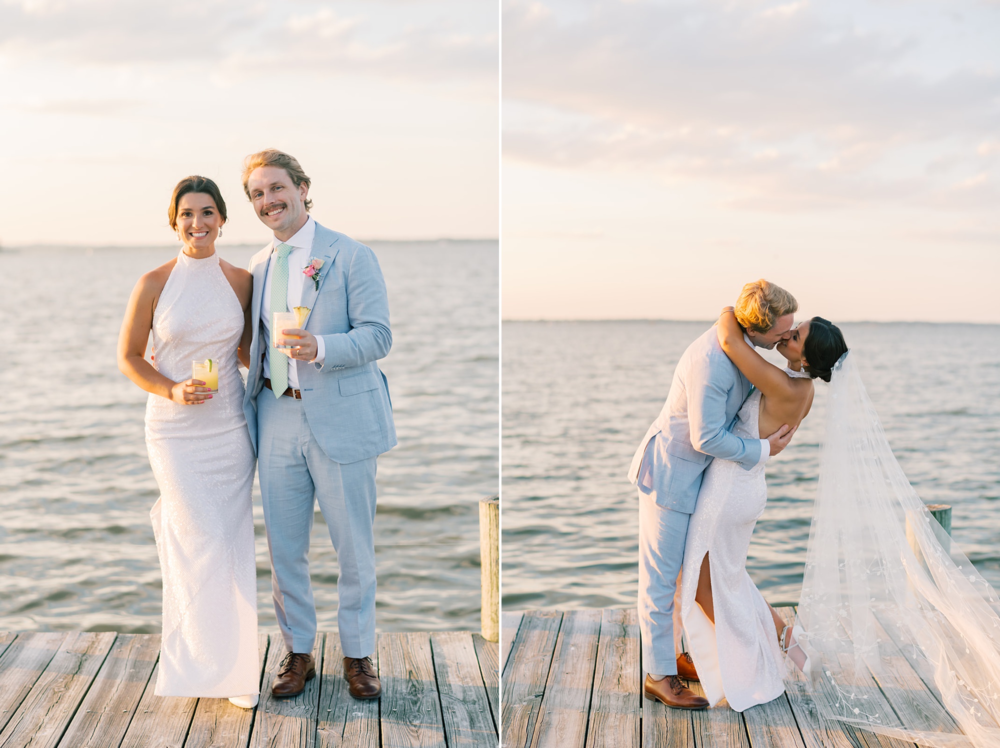 bride and groom kiss at sunset during wedding day on Chesapeake Bay