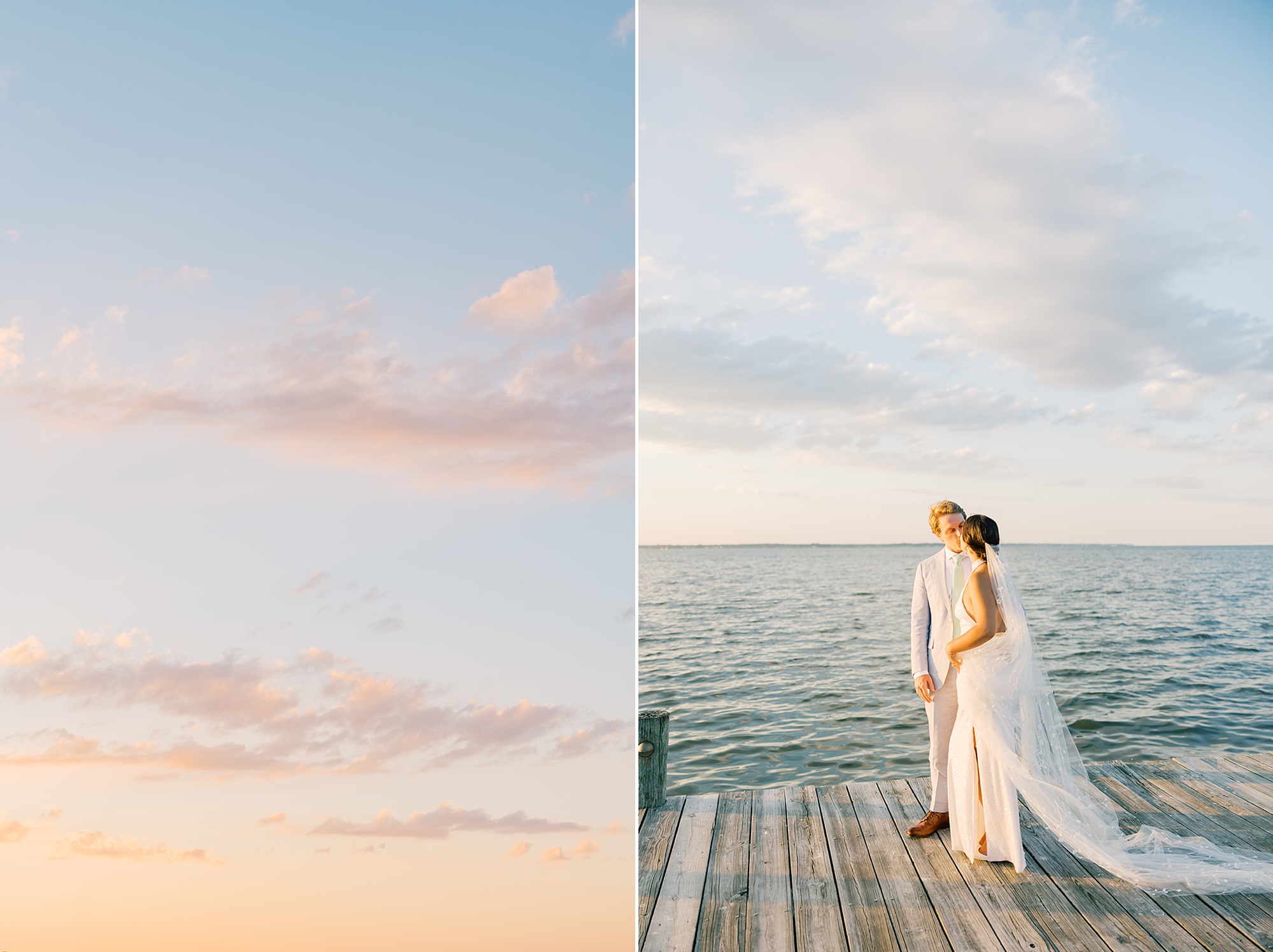 bride and groom stand on docks with custom cocktails at Herrington on the Bay