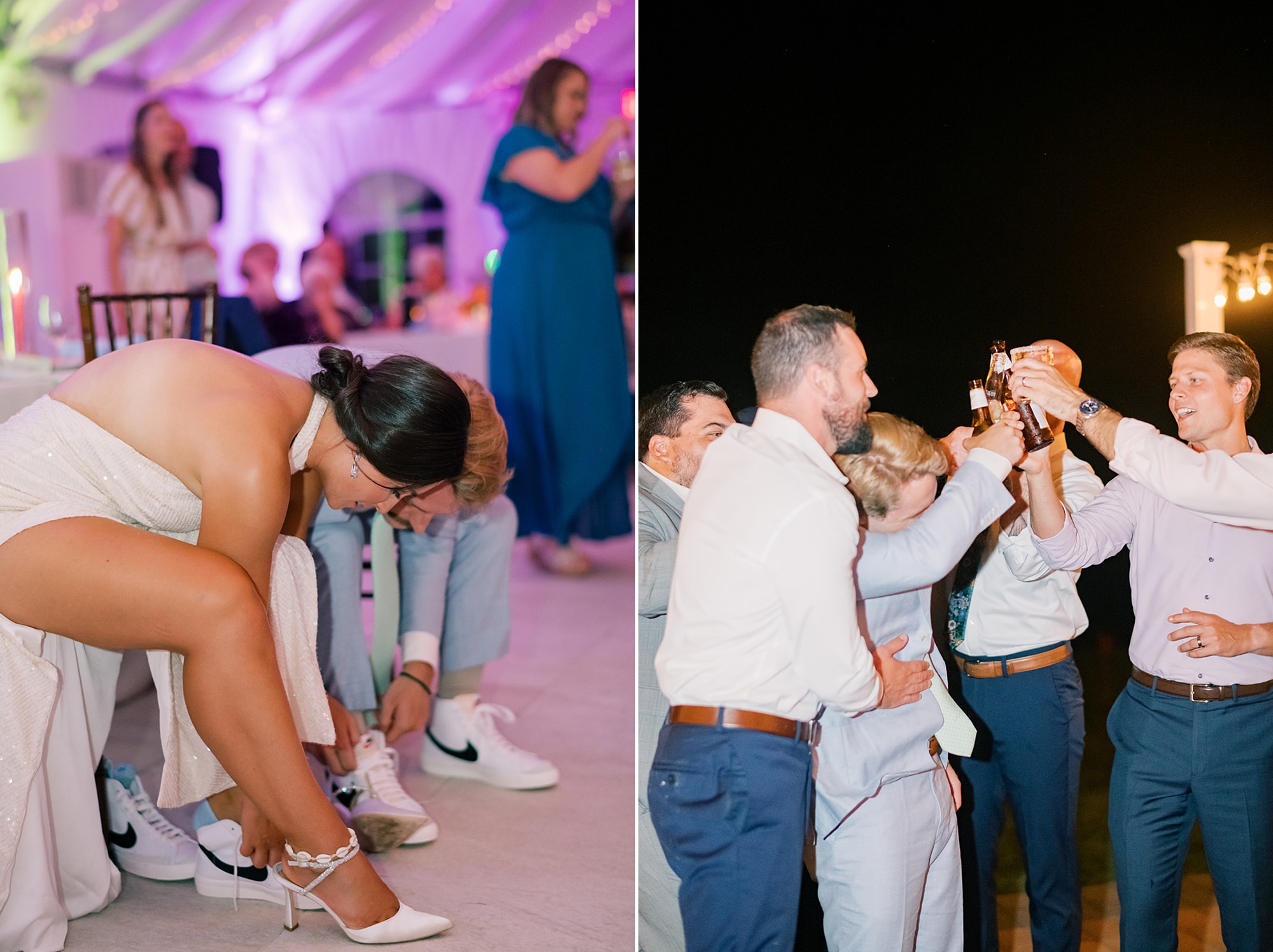 bride and groom put on shoes at Herrington on the Bay reception
