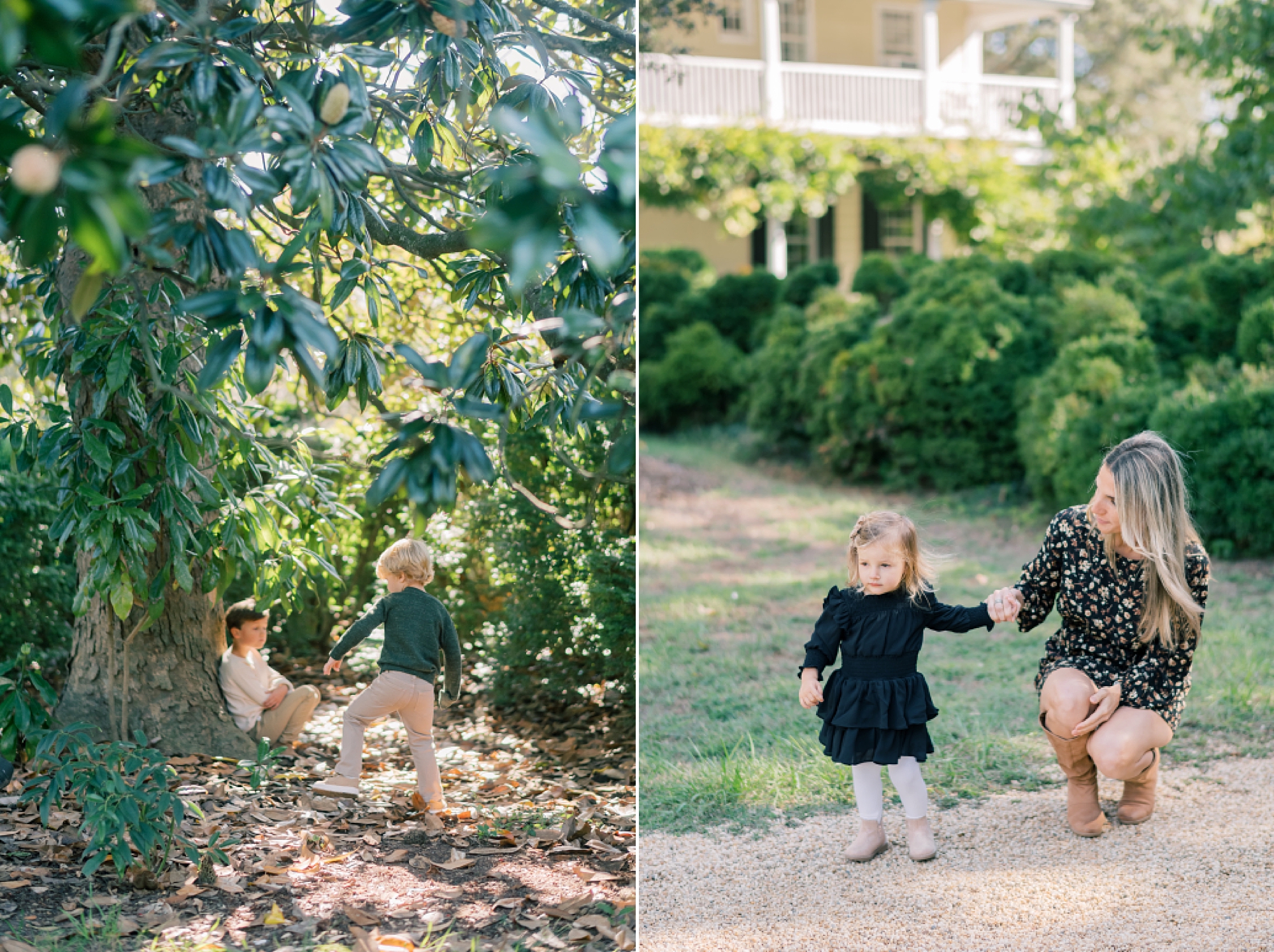mom kneels talking to daughter during fall Southern Maryland family portraits