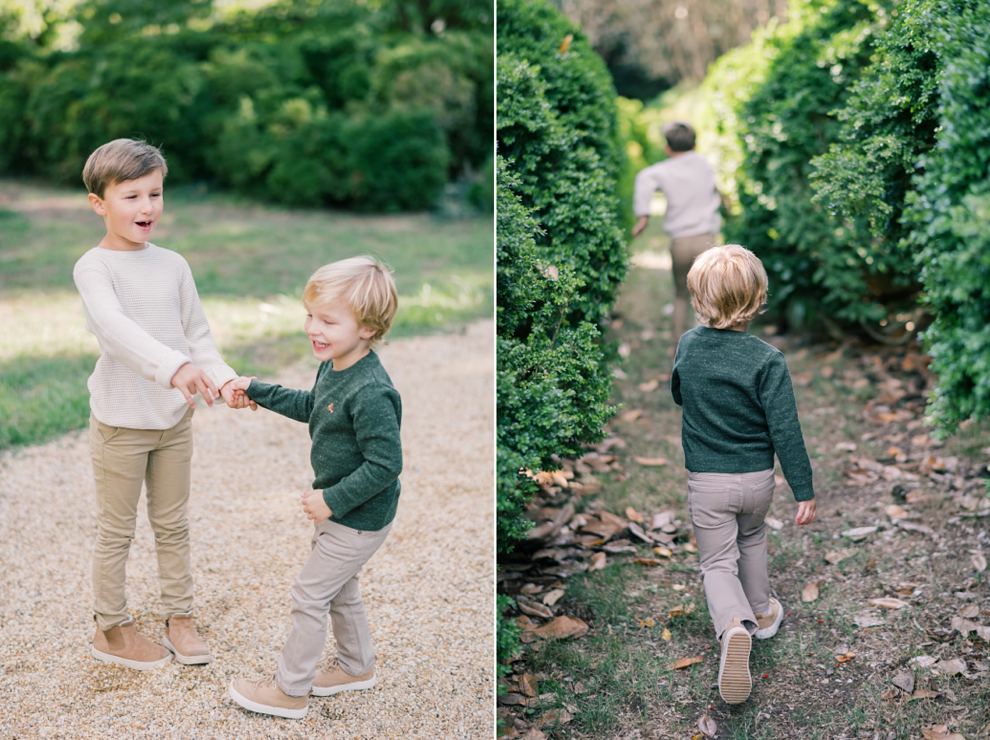 brothers play on path during fall Southern Maryland family portraits