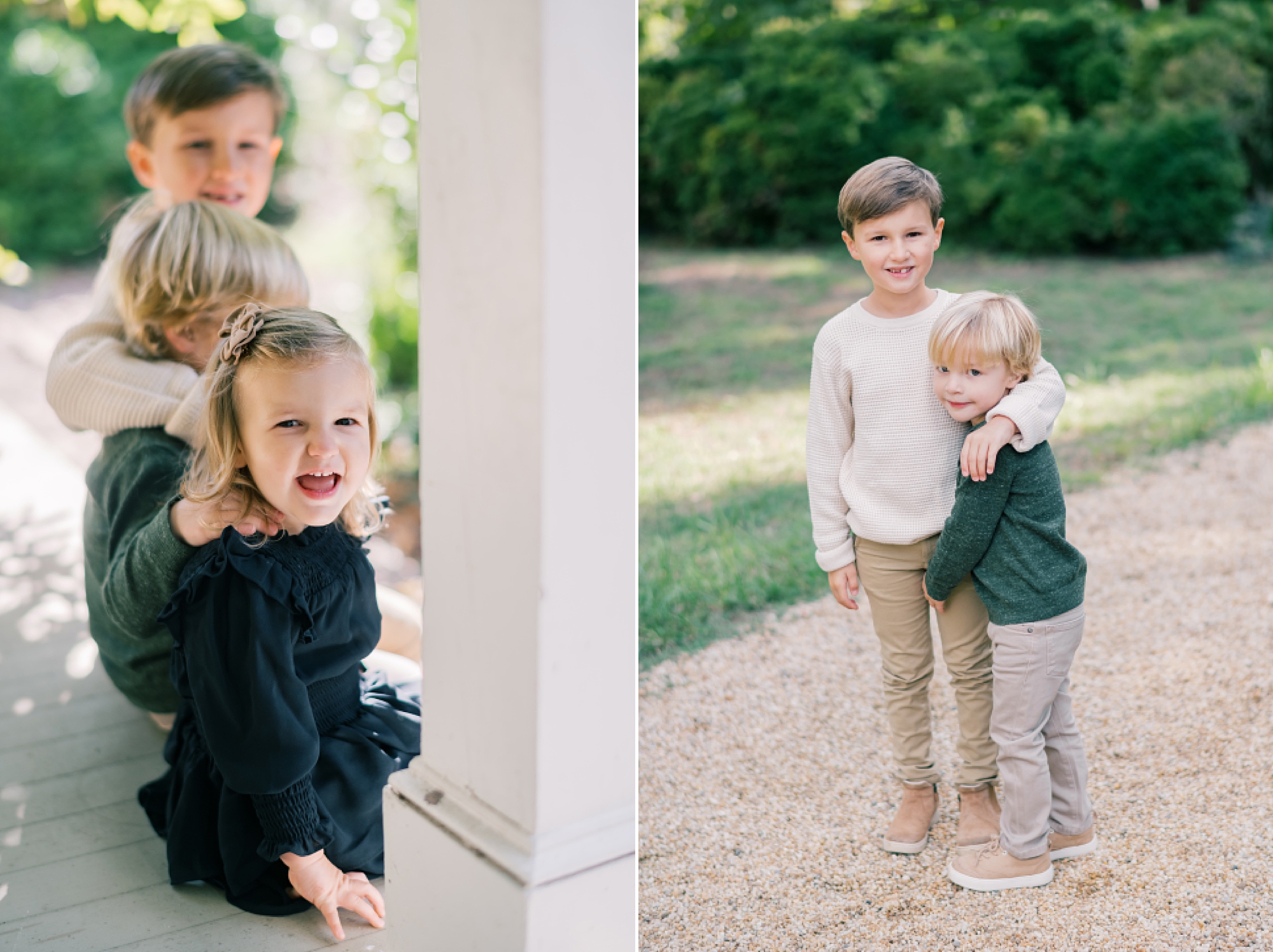 brothers hug and sit on front of porch during Maryland family photos 