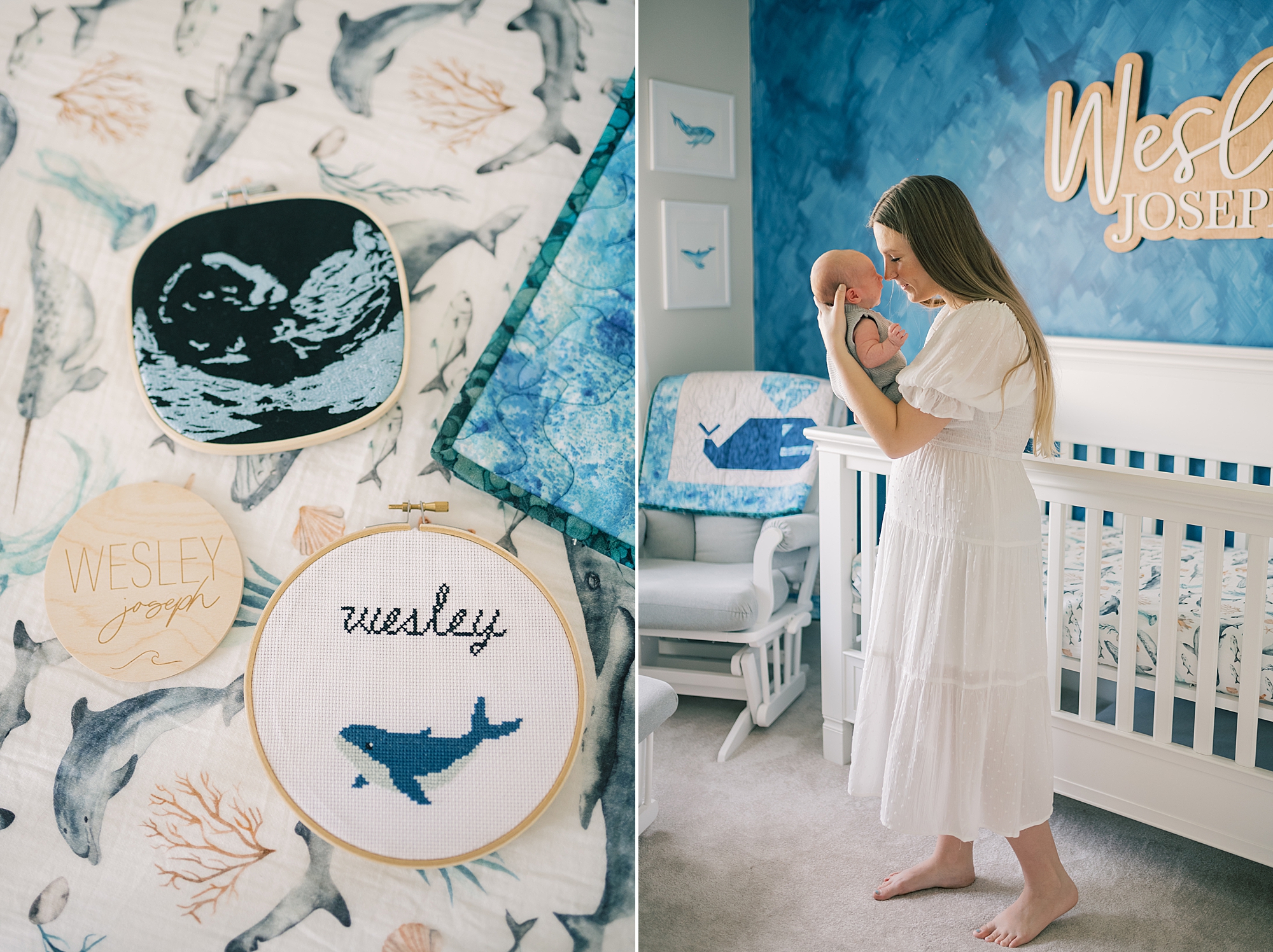 mom snuggles baby boy's nose in front of blue wall and white crib during Annapolis lifestyle newborn session