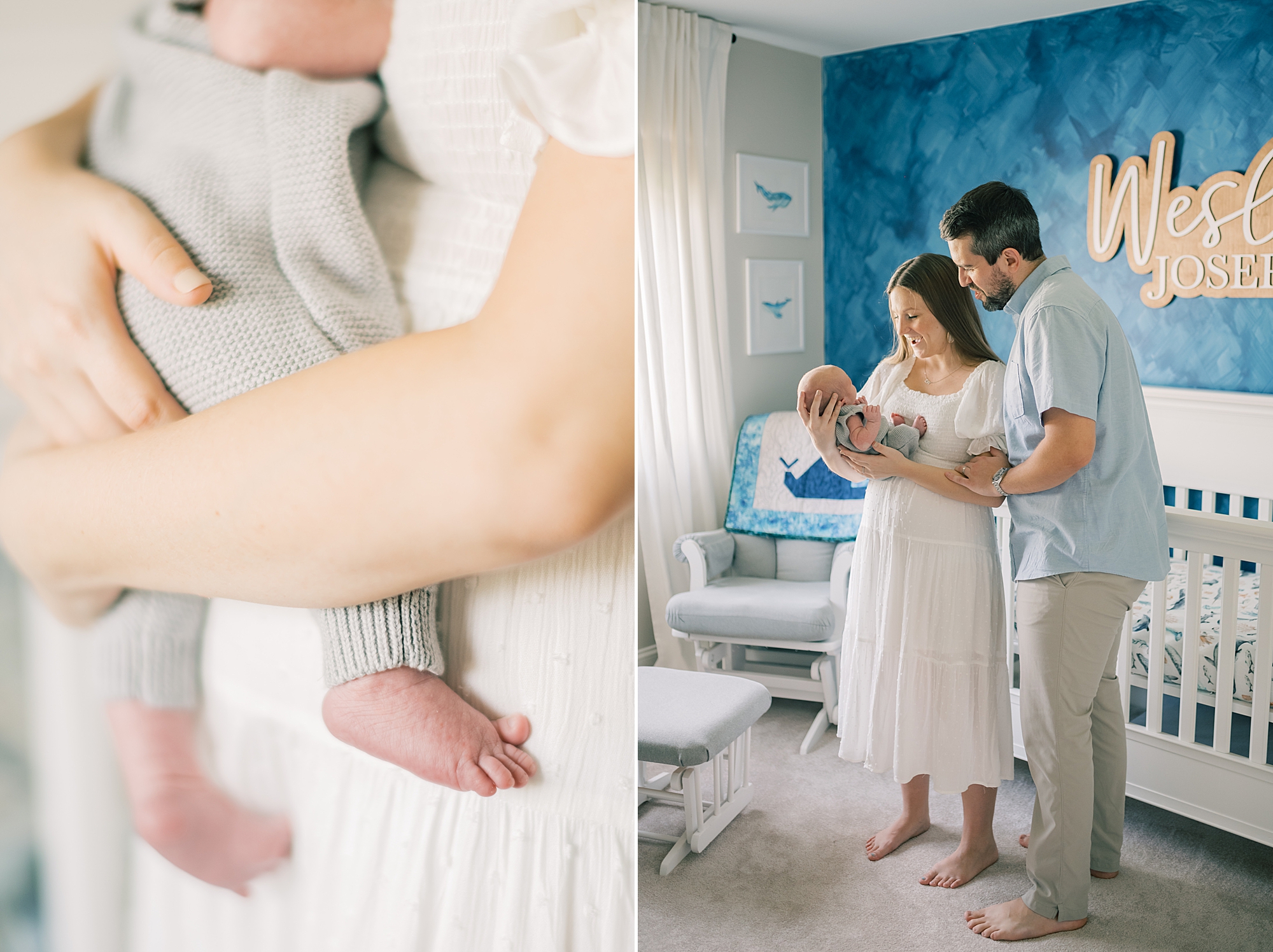 mom holds son while dad hugs her from behind during Annapolis lifestyle newborn session