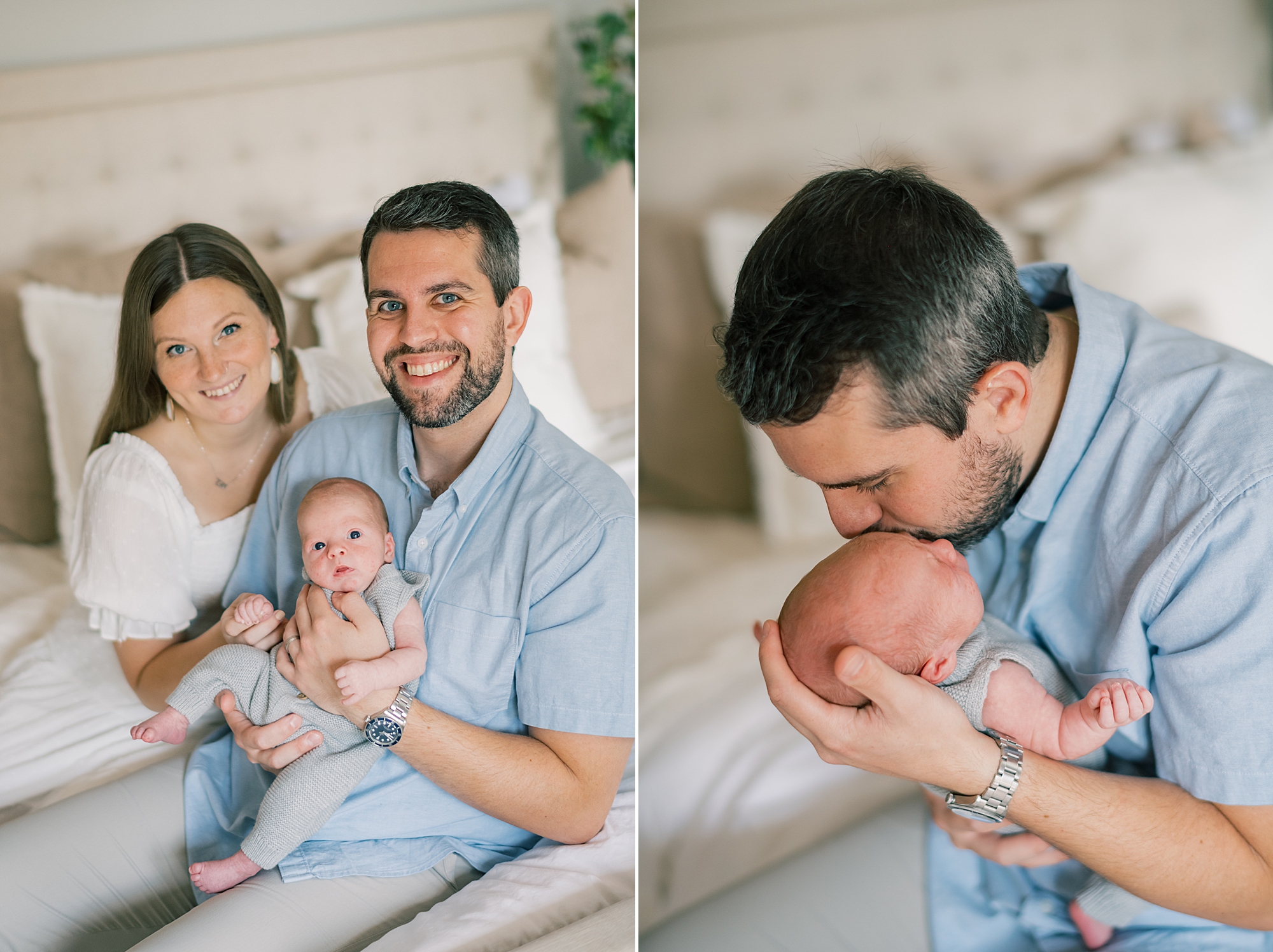 dad leans to kiss baby boy holding against chest during Annapolis lifestyle newborn portraits