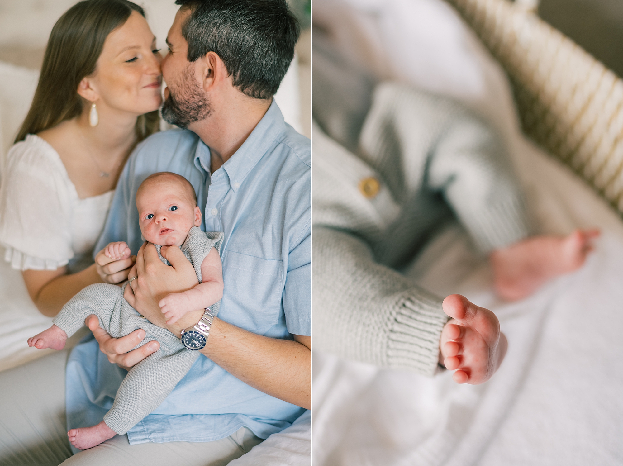 parents kiss while dad holds son during Annapolis lifestyle newborn portraits