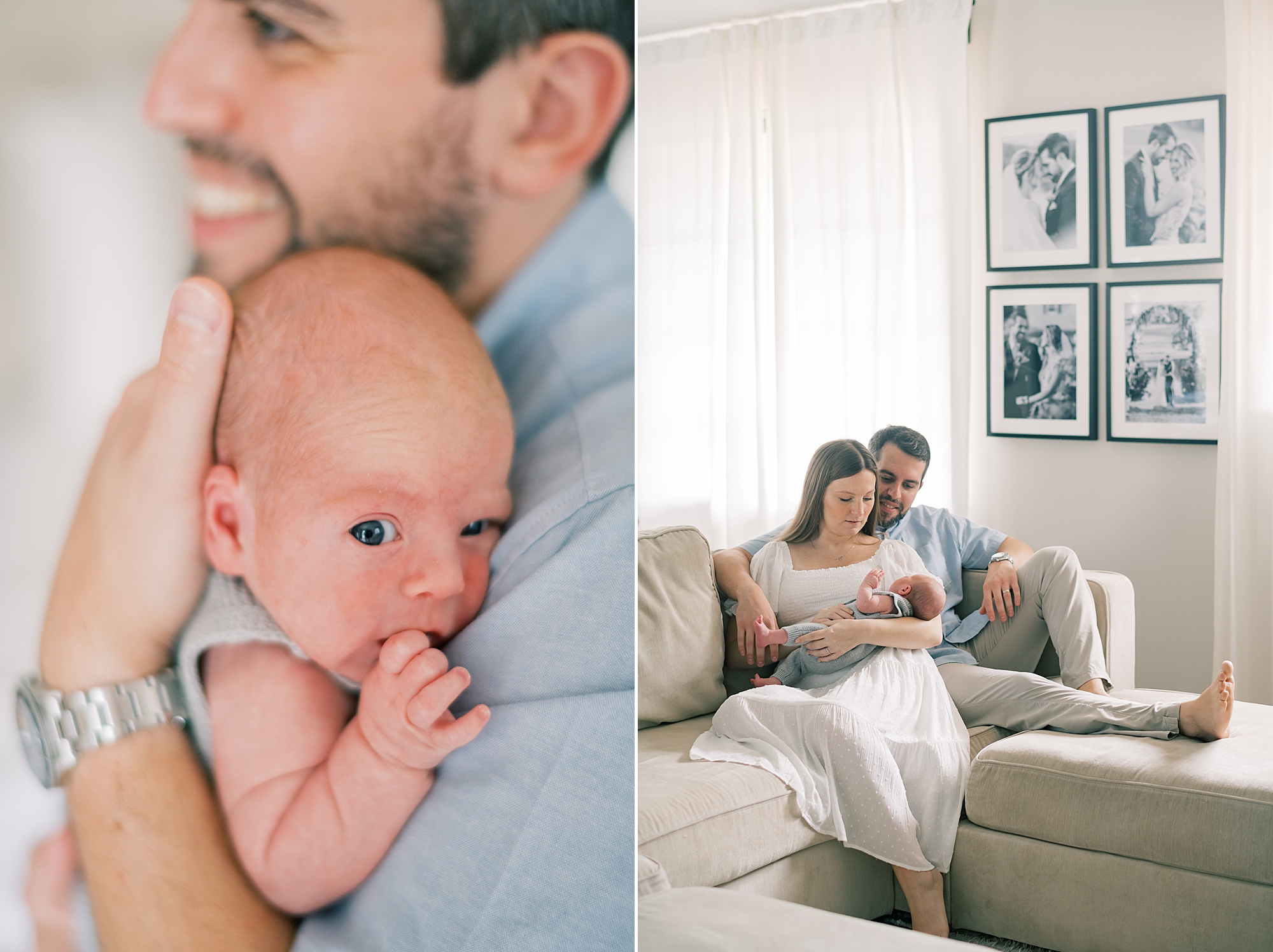 dad in blue shirt holds son on shoulder during Annapolis lifestyle newborn portraits