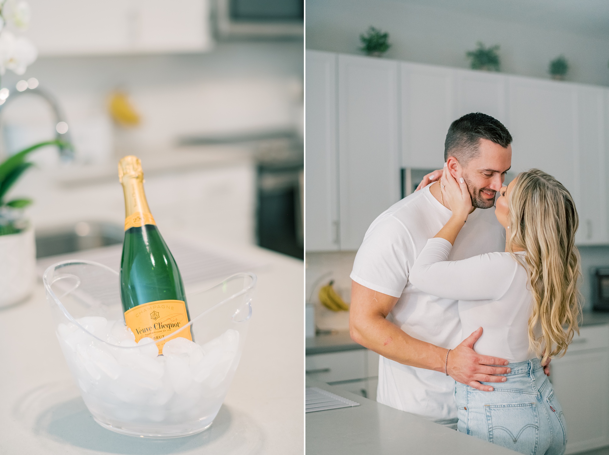 engaged couple kisses in kitchen of Baltimore home