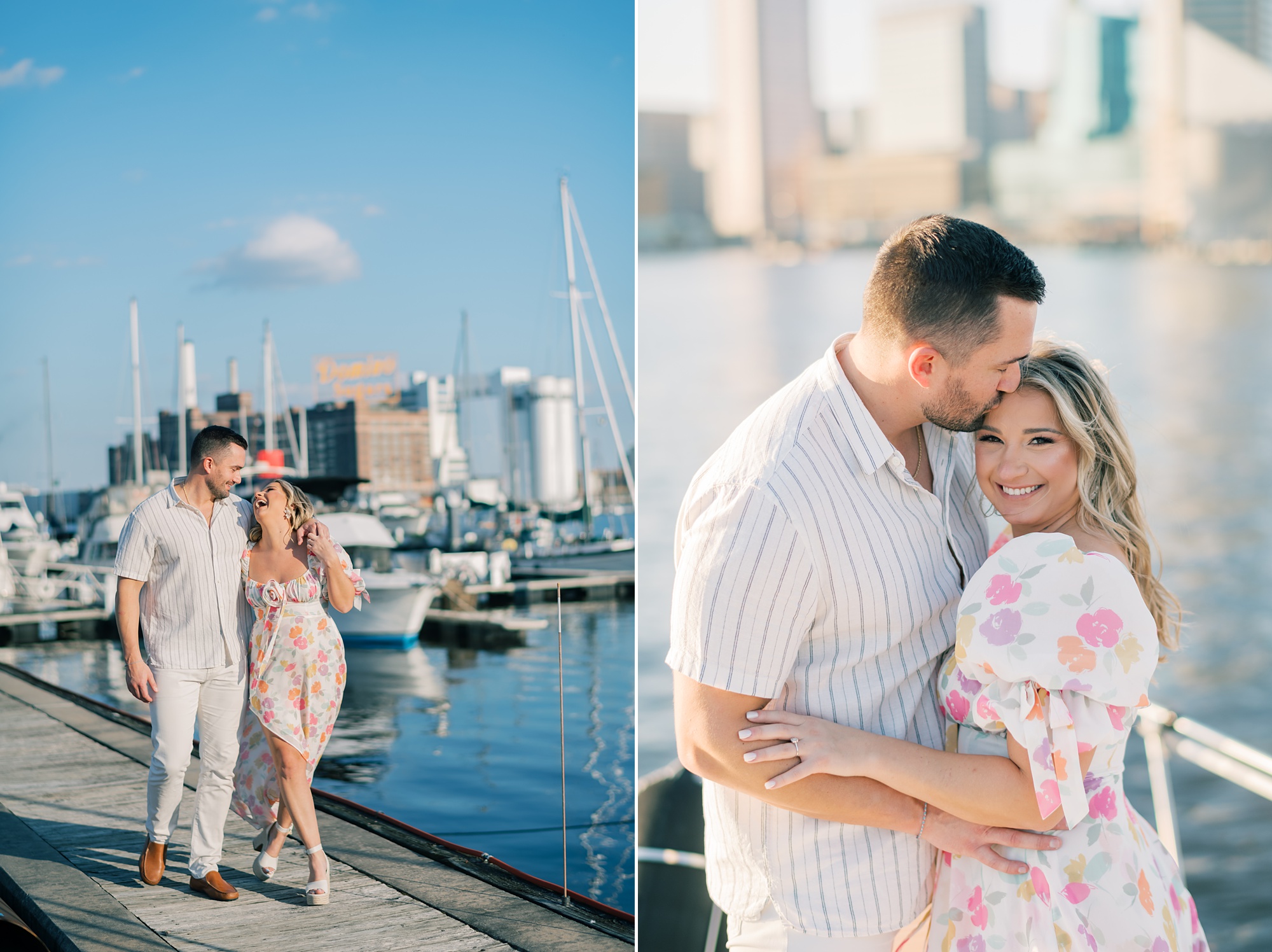 man hugs woman to him on front of boat during Inner Harbor engagement session
