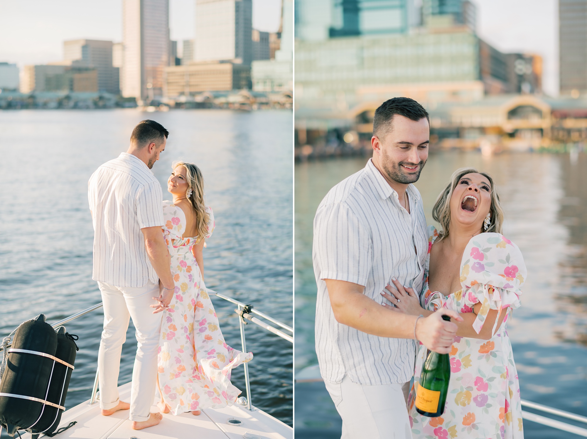 woman laughs while man pops champagne on boat in the Inner Harbor