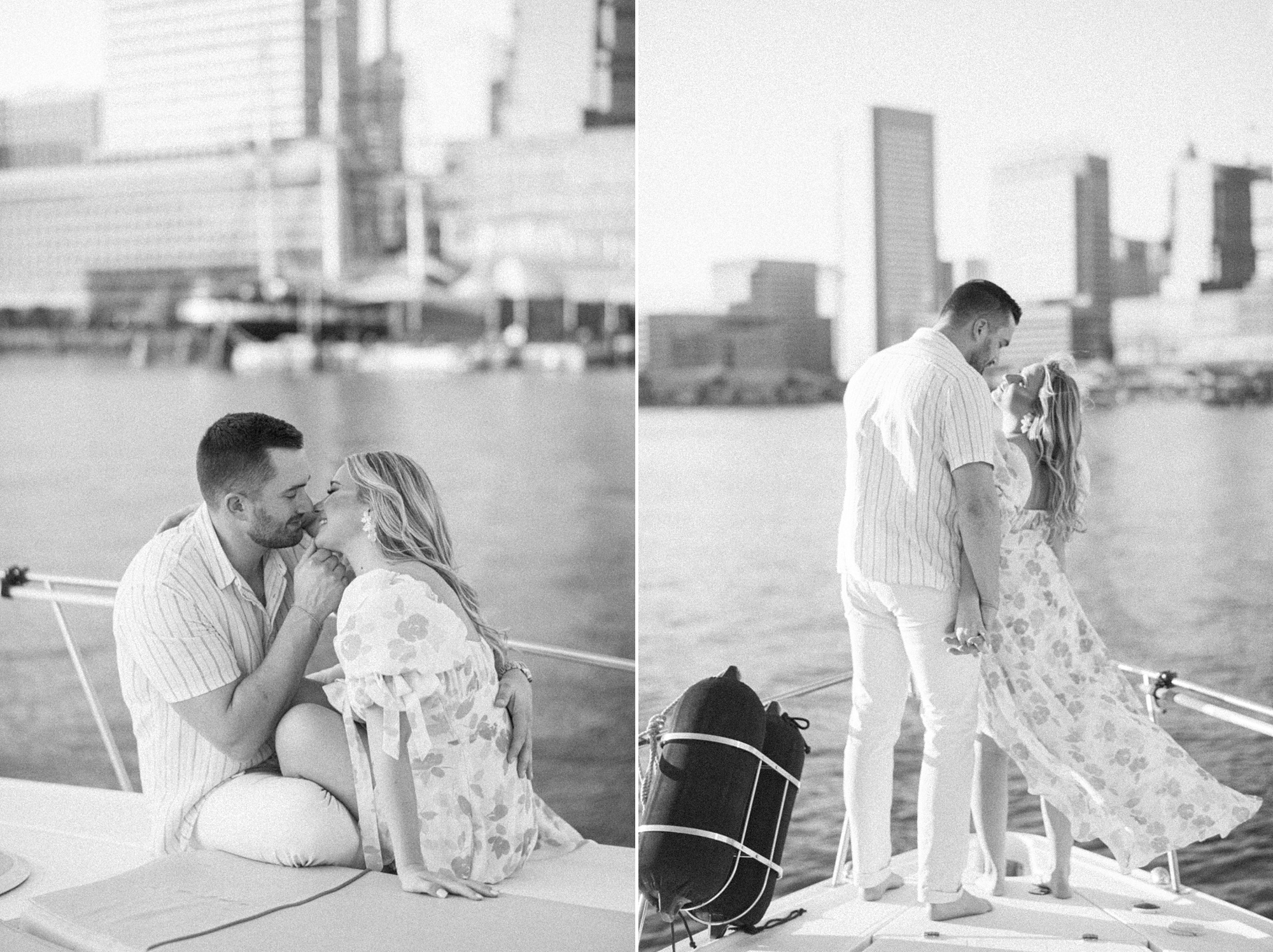black and white photos of couple on boat during Baltimore engagement session