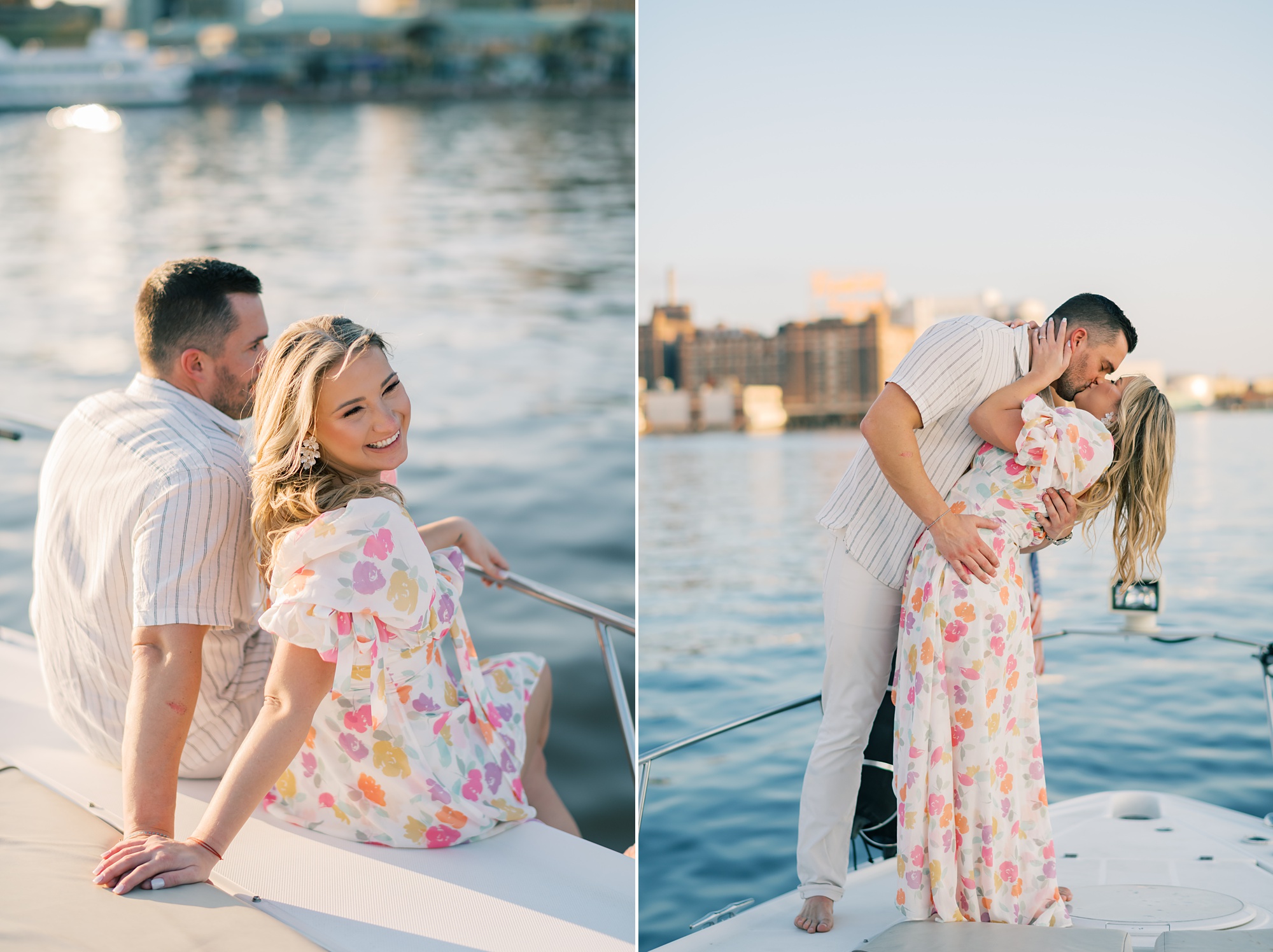 couple sits on bow of boat during Inner Harbor engagement session