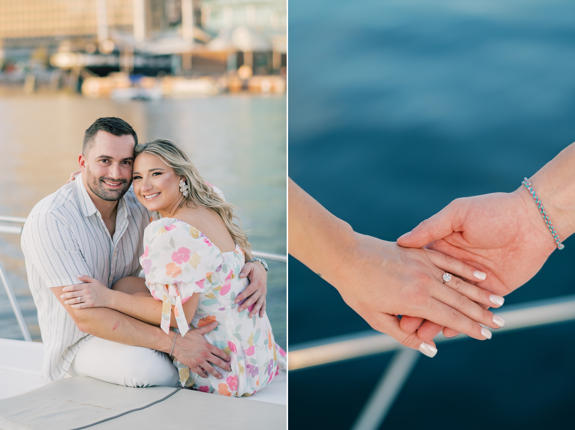 couple holds hands sitting on front of boat during portraits around the Inner Harbor in Baltimore MD