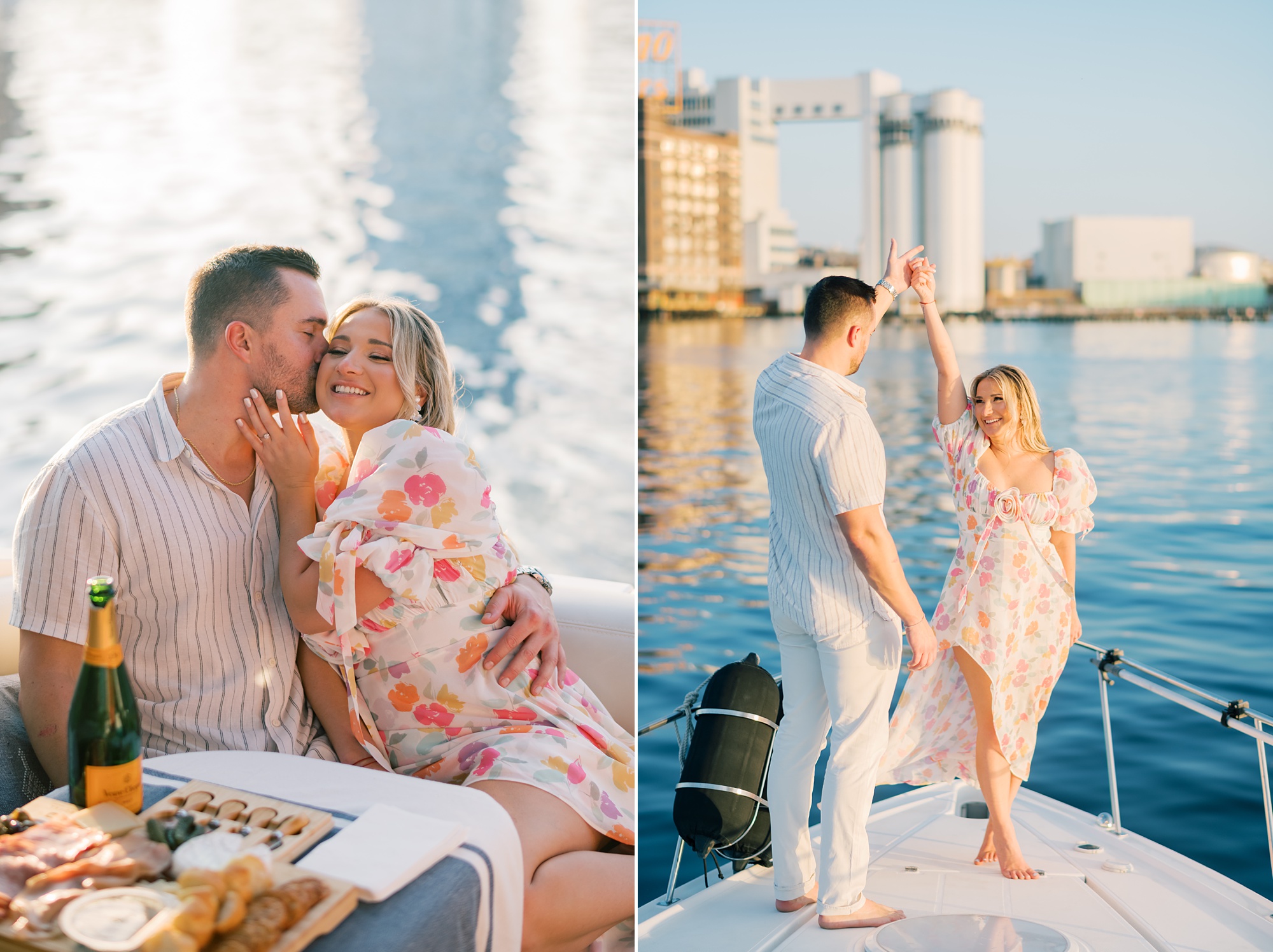 man twirls woman during Inner Harbor engagement session on front of boat