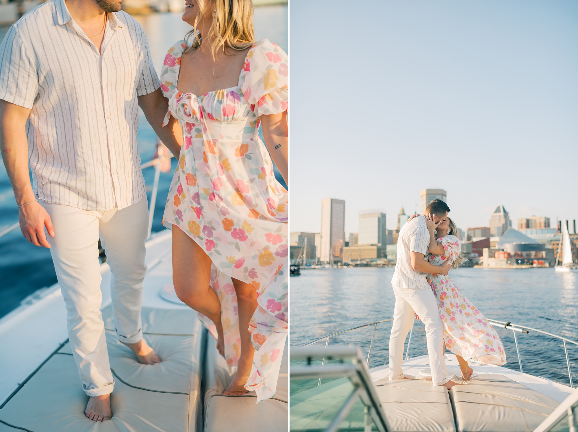 man in white linen outfit holds hands with woman in floral dress during engagement portraits on boat in the Inner Harbor