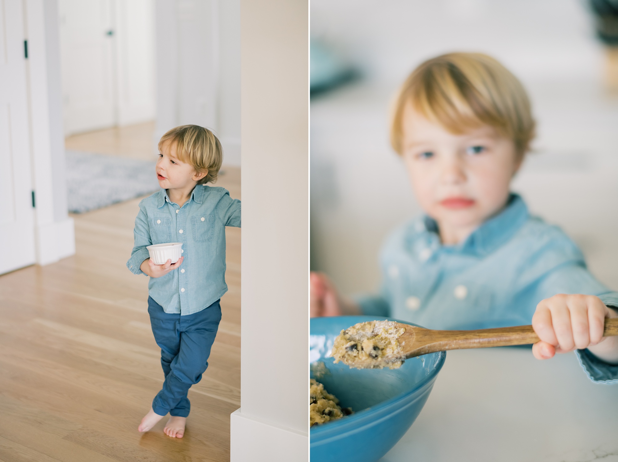boys mix cookies on kitchen counter during lifestyle family portraits in Maryland 