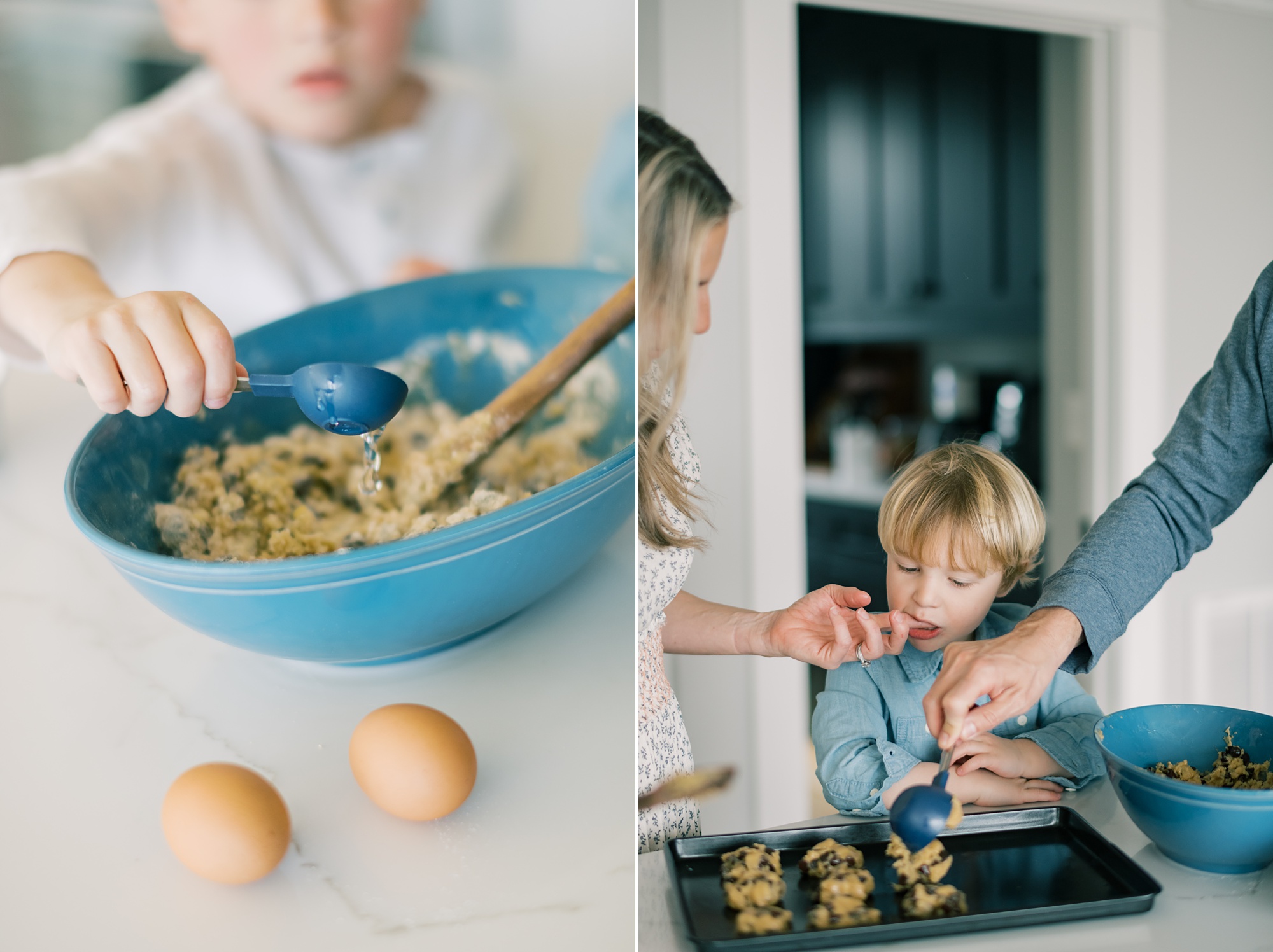 mom and dad reach to make cookies with son