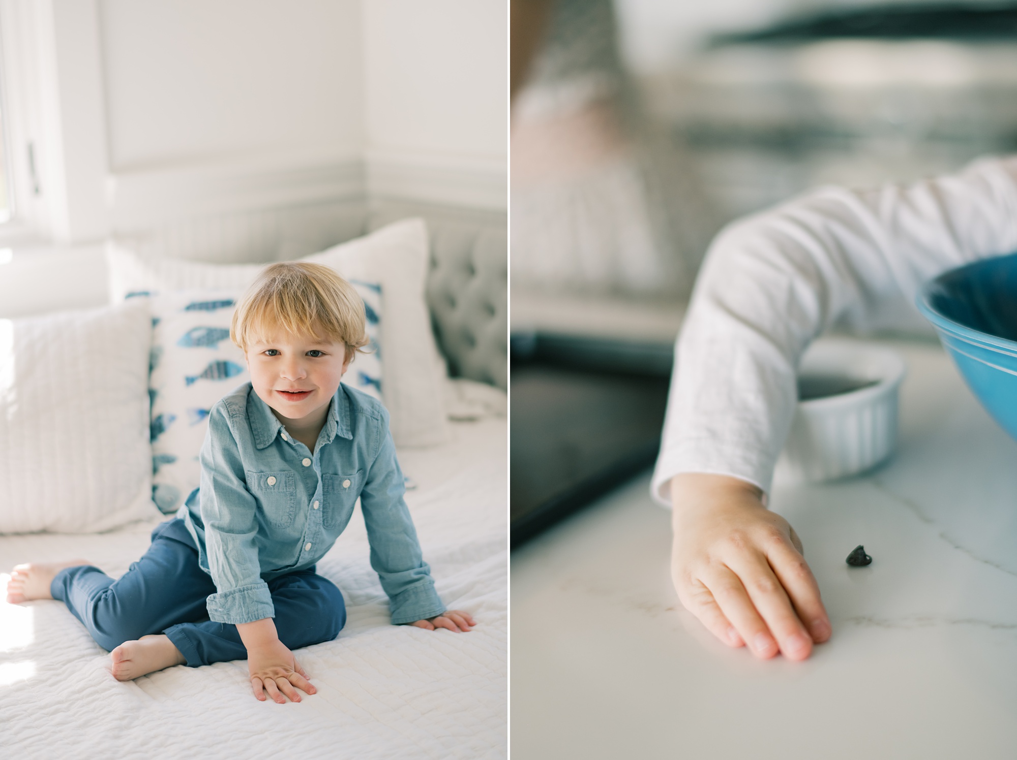 brothers sit on bed during lifestyle family portraits in Maryland 