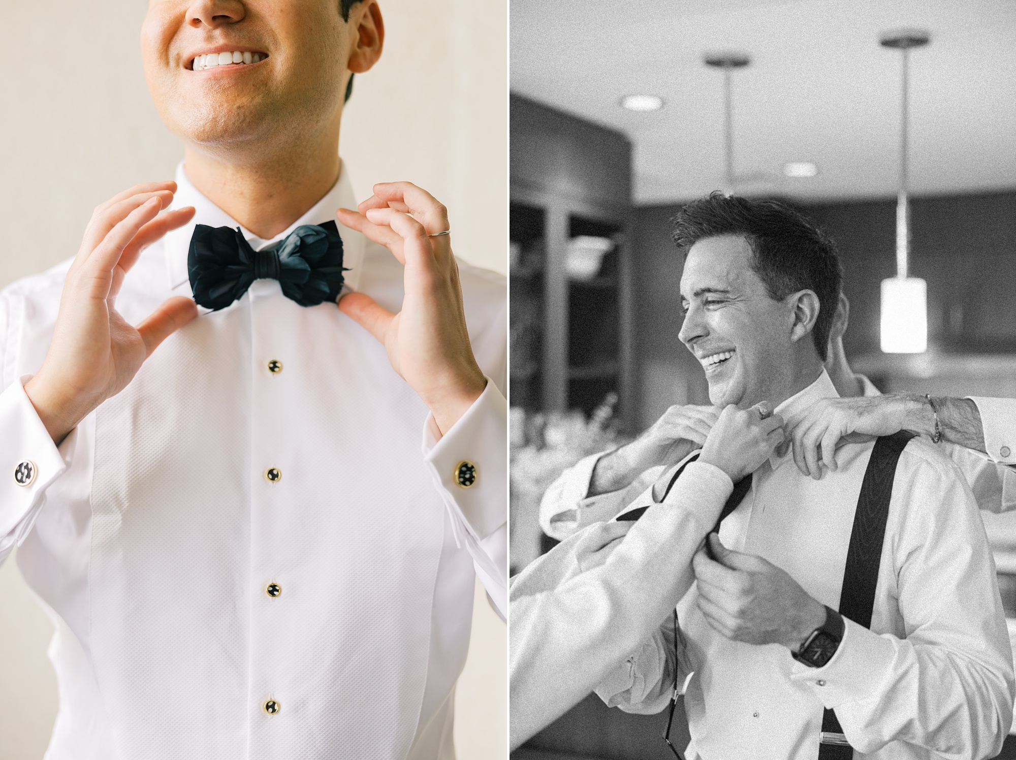 groom adjusts custom bowtie before classic DC wedding at the Hay Adams Hotel