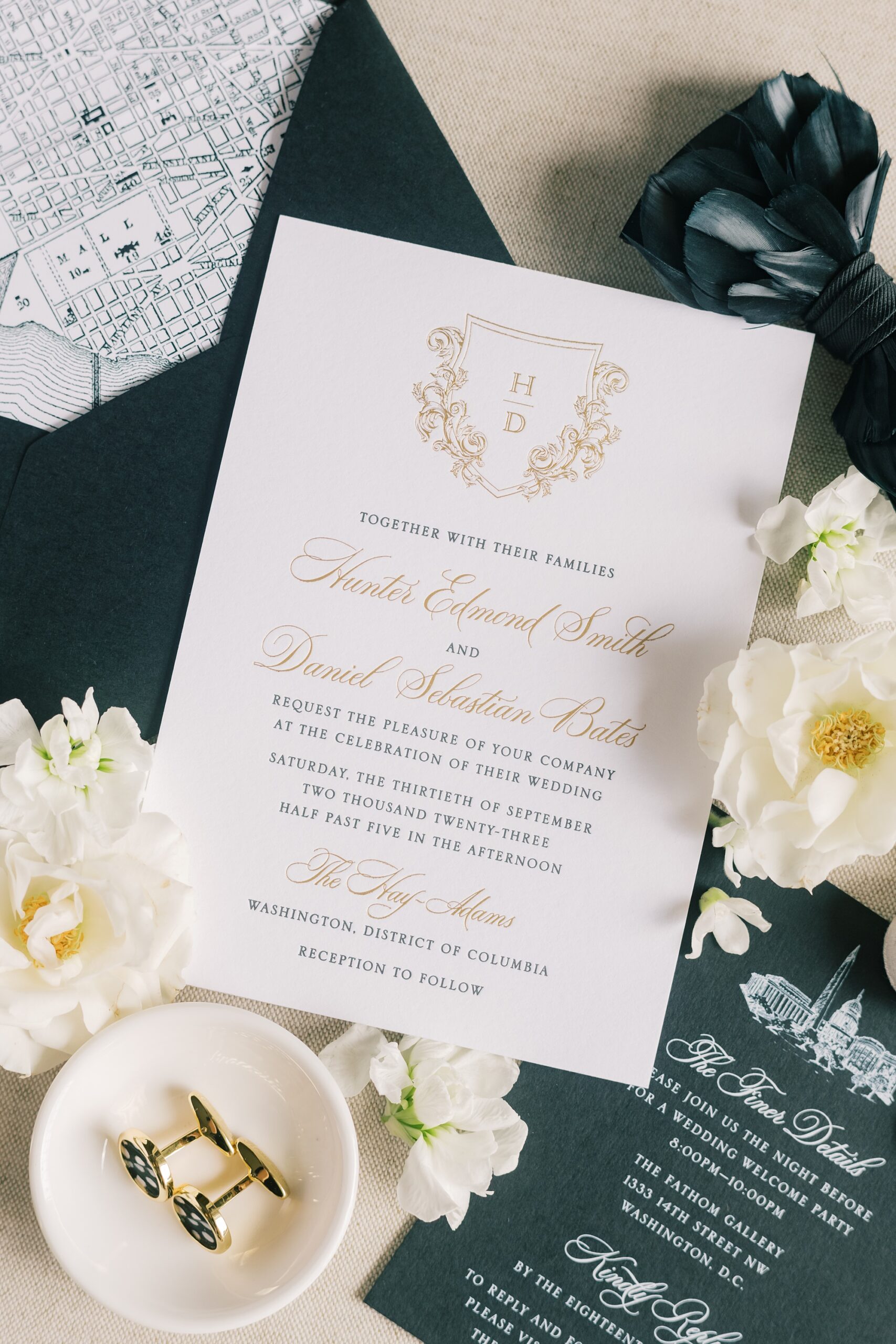classic black, white, and gold invitation suite for DC wedding