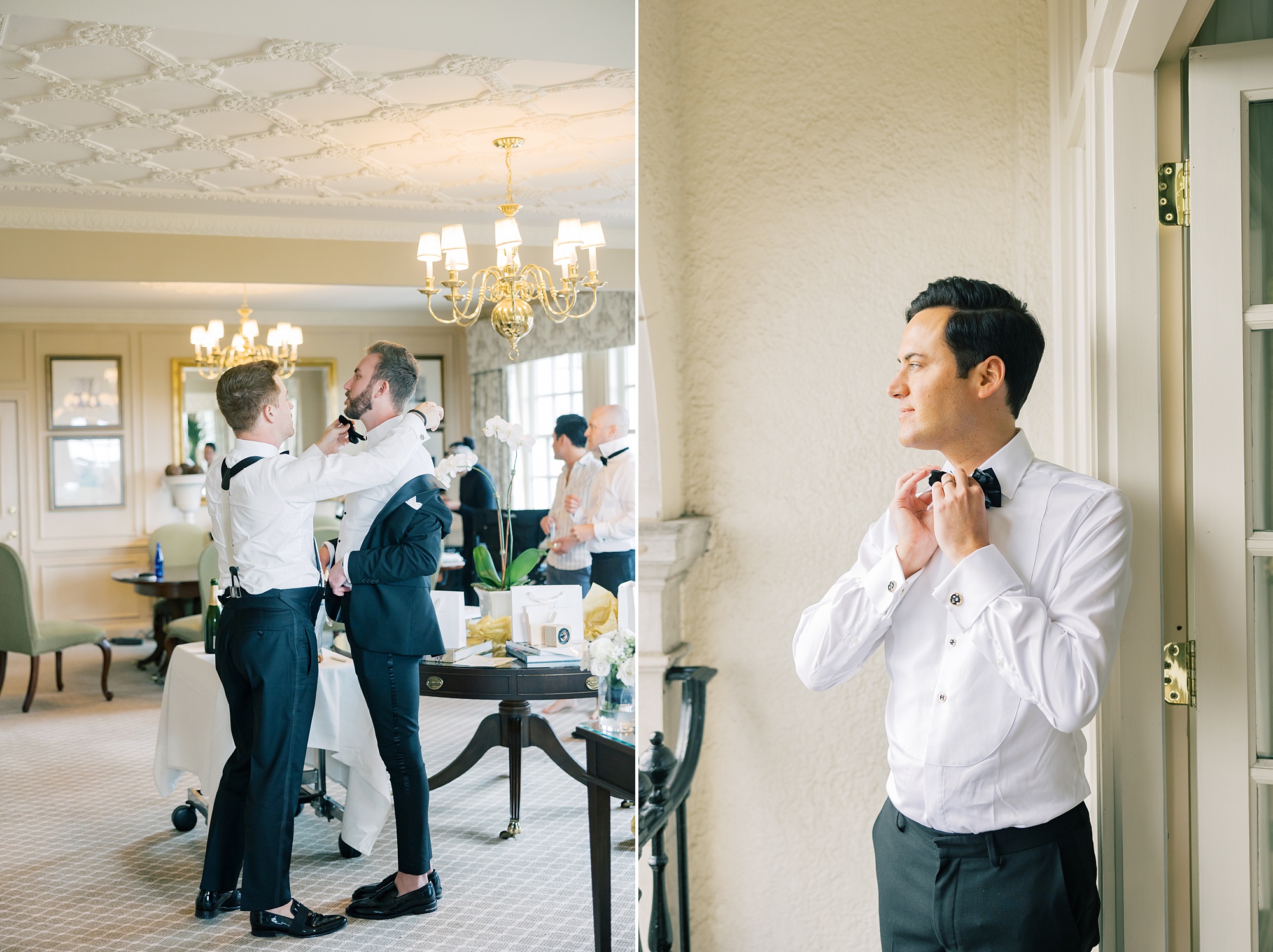 groom prepares for Washington DC wedding day with friends at the Hay Adams Hotel