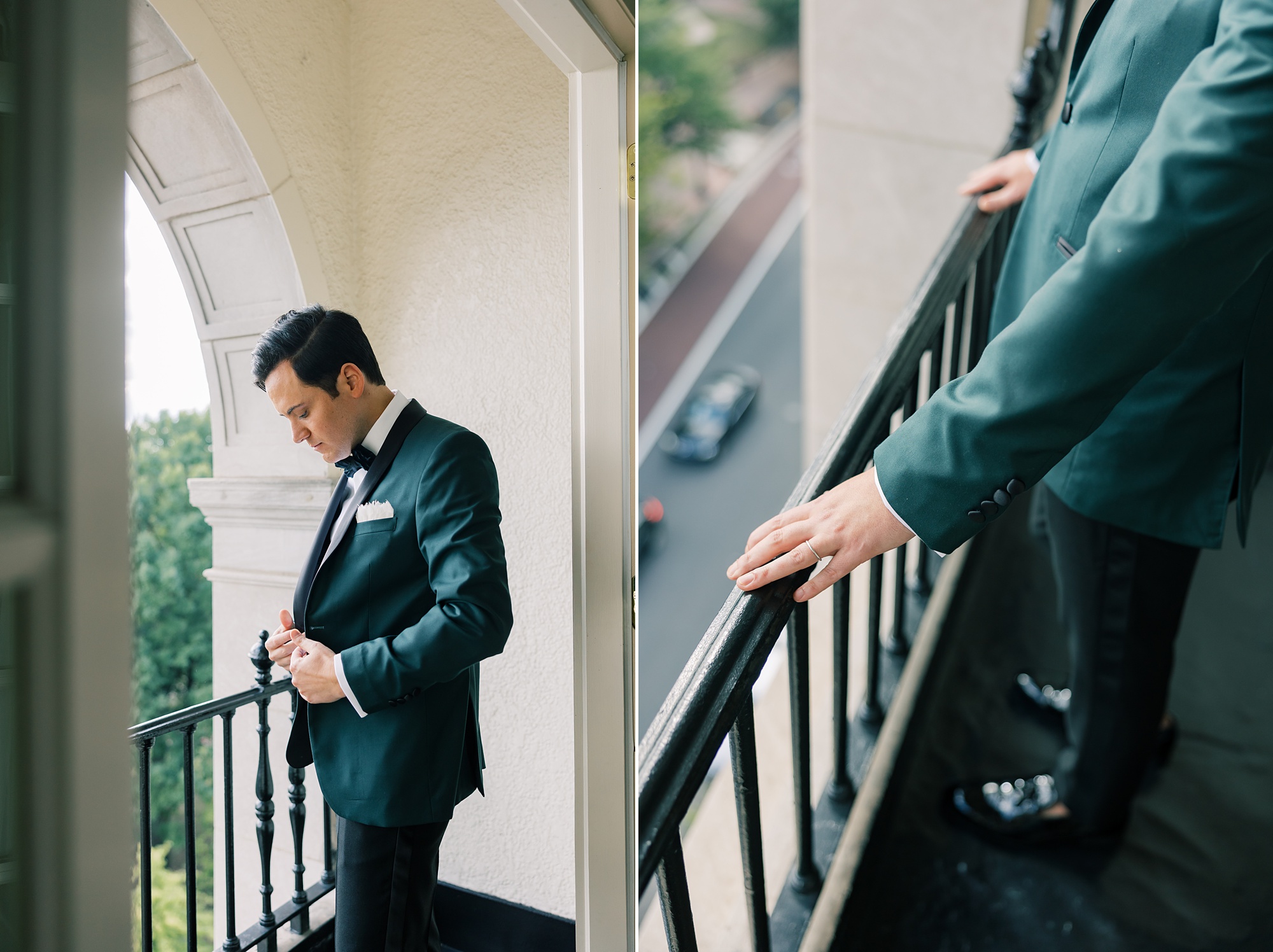 groom adjusts cufflinks leaning against black railing of the Hay Adams Hotel