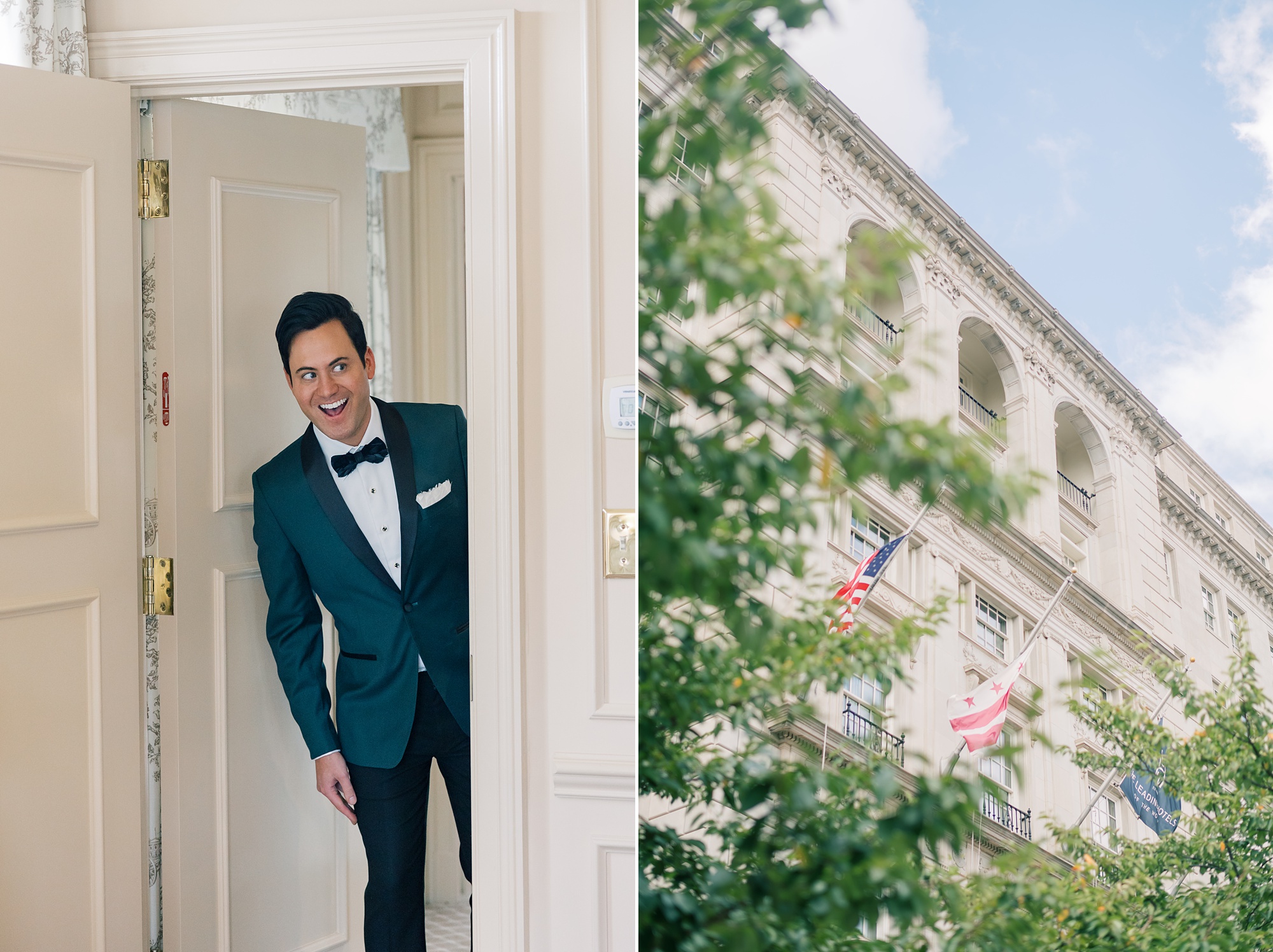 groom pokes head into hotel room before DC wedding