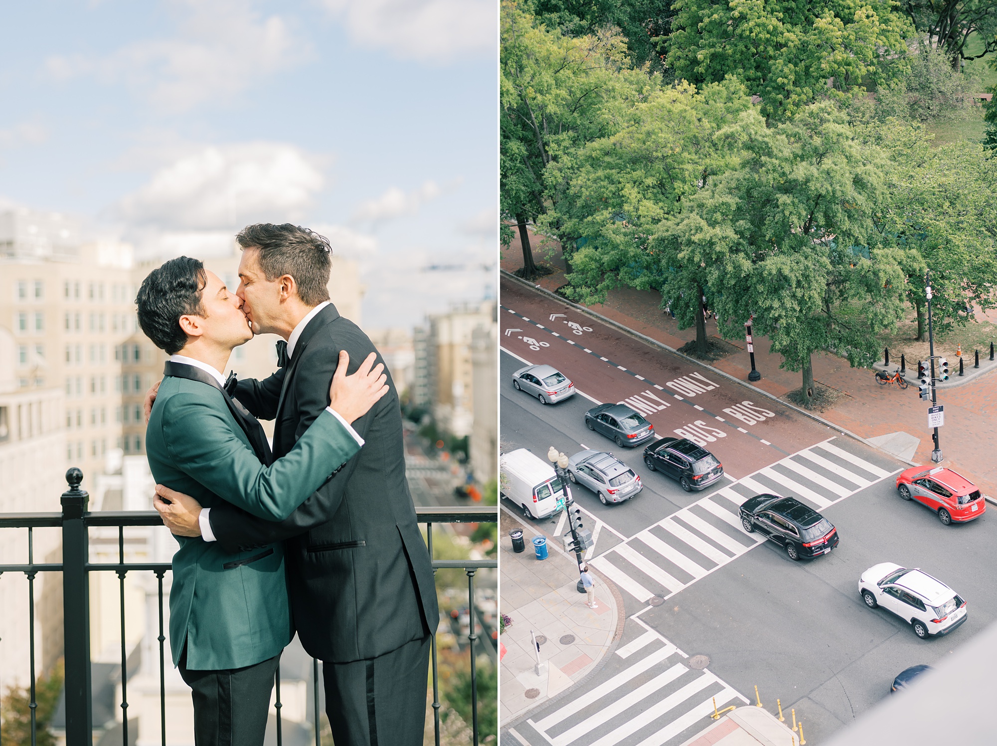 grooms kiss looking over balcony at the Hay Adams Hotel
