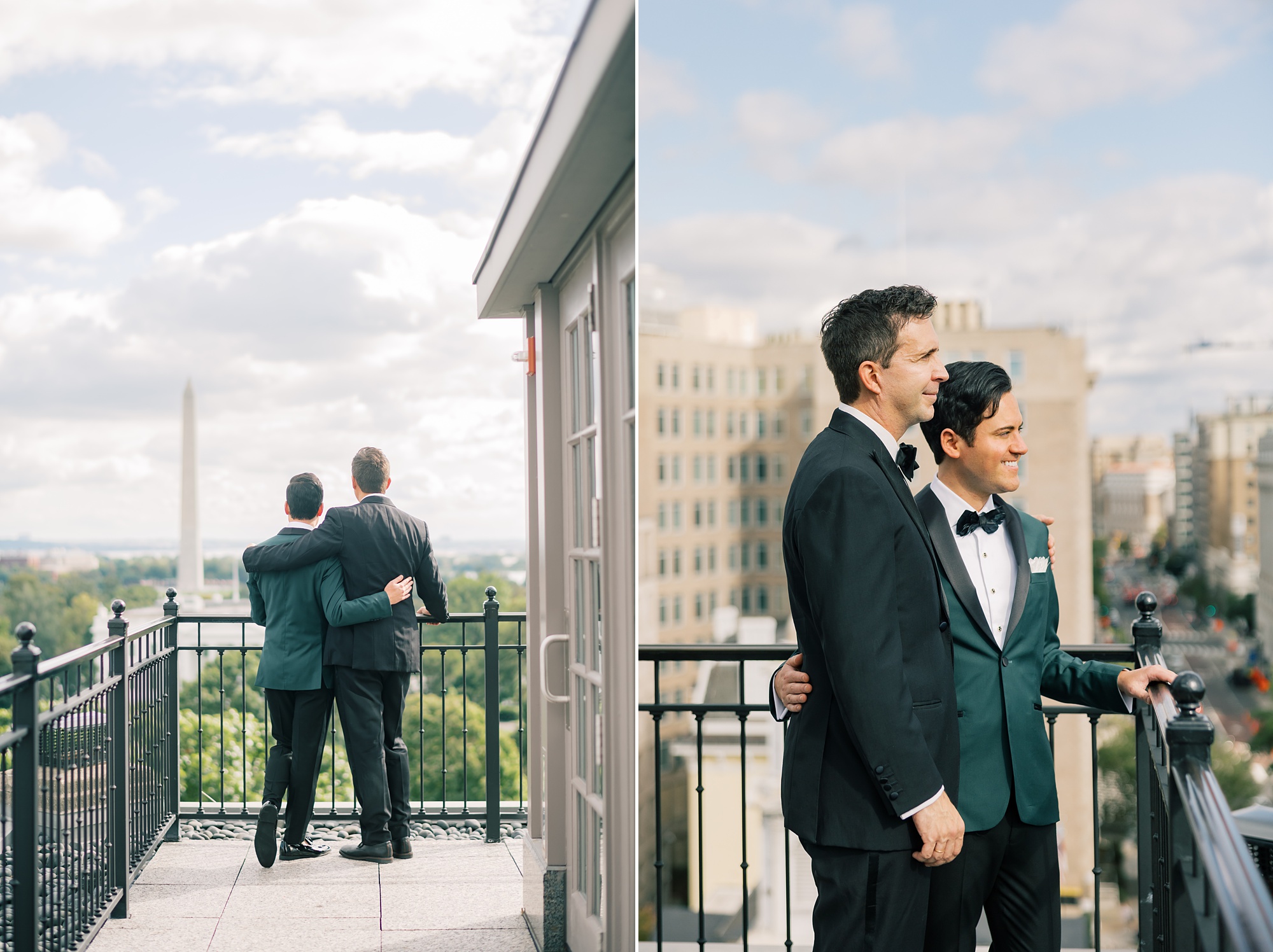 grooms hug on balcony of the Hay Adams Hotel in stylish tuxes 