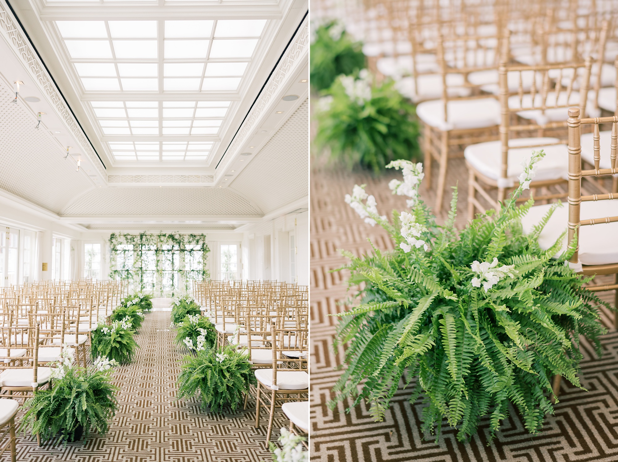 wedding ceremony at the Hay Adams Hotel with ferns lining aisle 