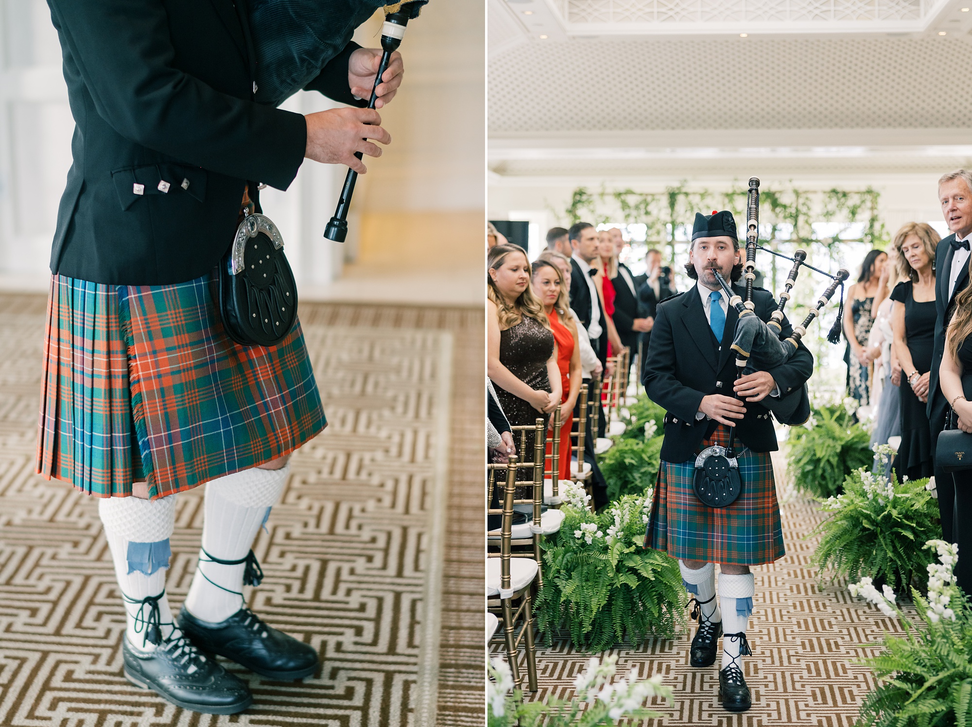 bagpiper walks down aisle before grooms during the Hay Adams Hotel wedding ceremony 