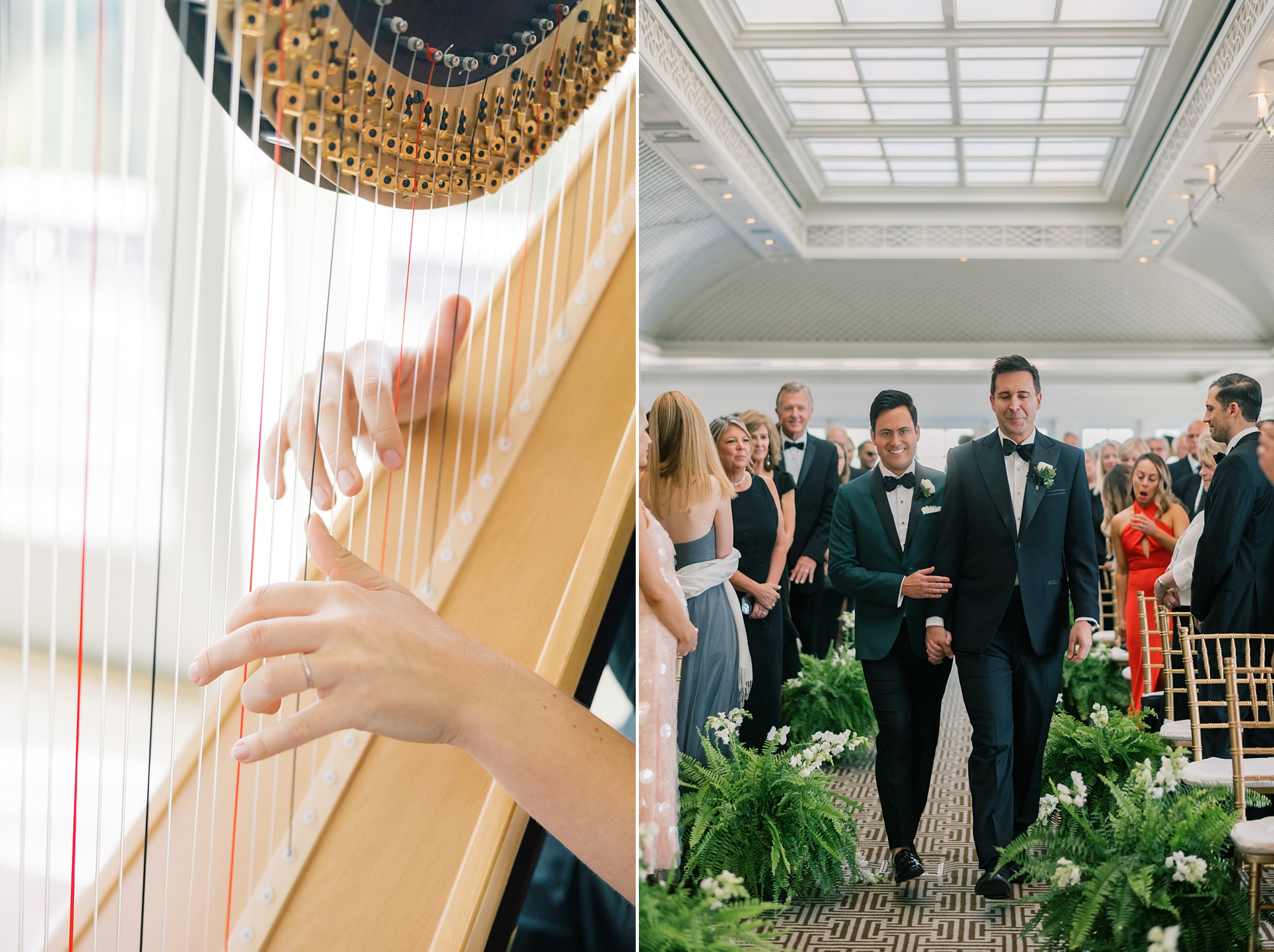 grooms walk down aisle while harpist plays during ceremony at the Hay Adams Hotel
