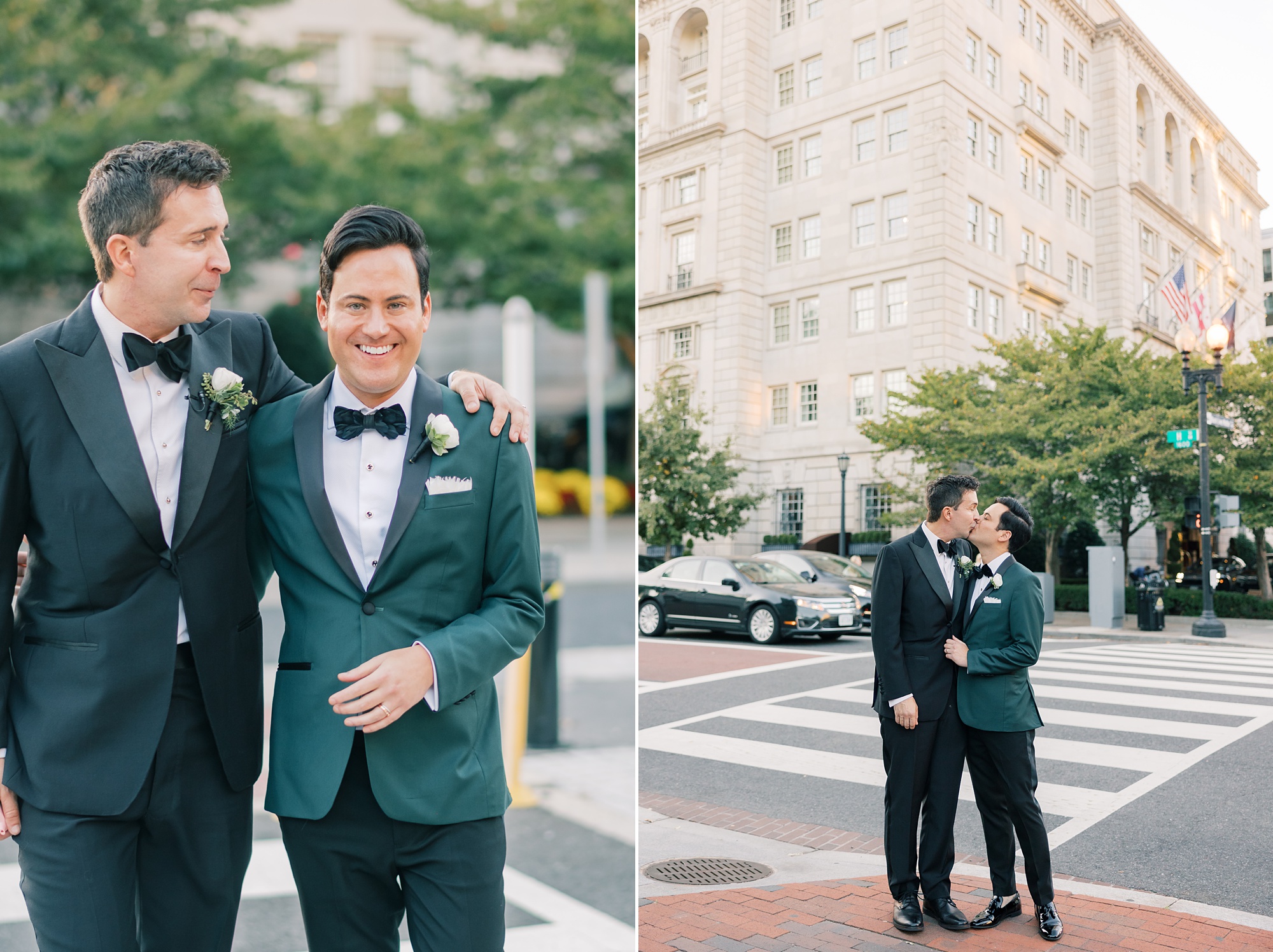 two grooms hug outside the Hay Adams Hotel in stylish custom tux jackets 