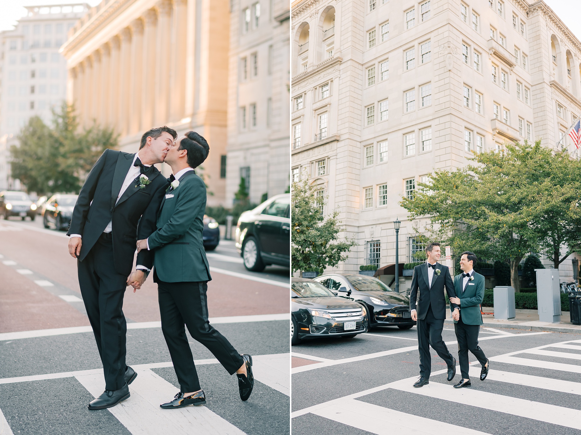 grooms kiss outside the Hay Adams Hotel in crosswalk in Washington DC