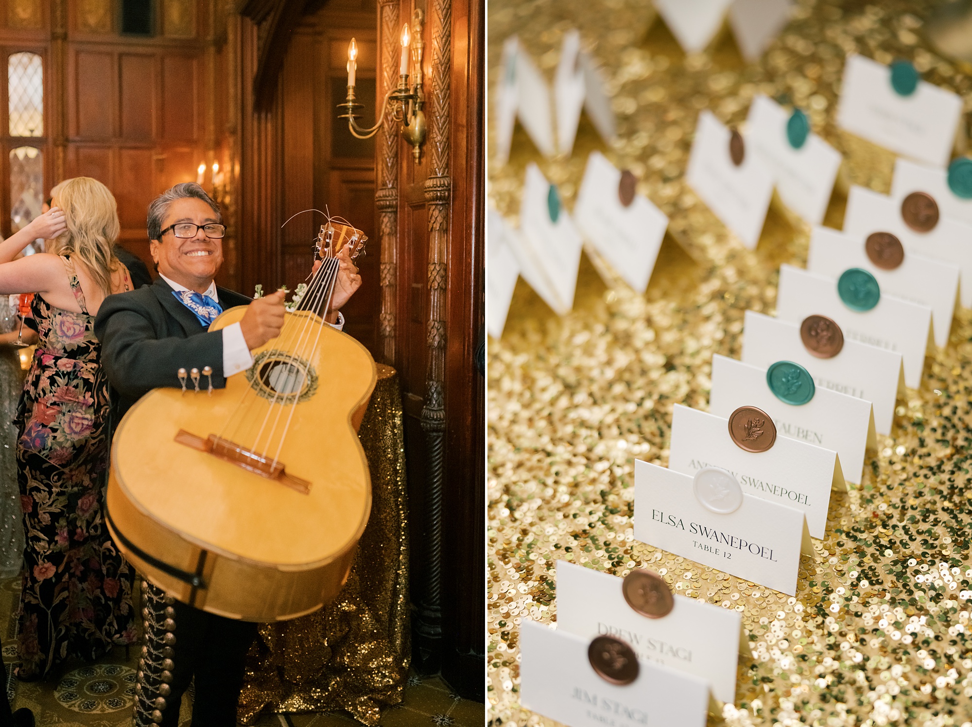 man plays guitar during cocktail hour at the Hay Adams Hotel with escort cards on gold table cloth 