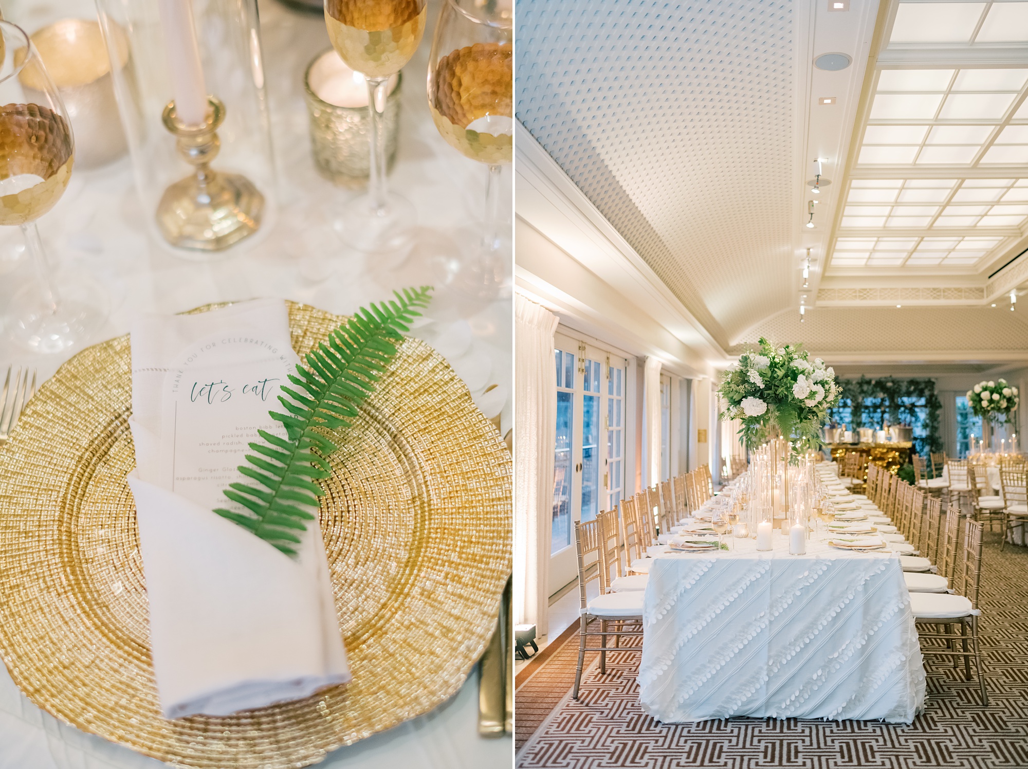 wedding reception inside the Hay Adams Hotel with gold chargers, white flowers, and greenery 