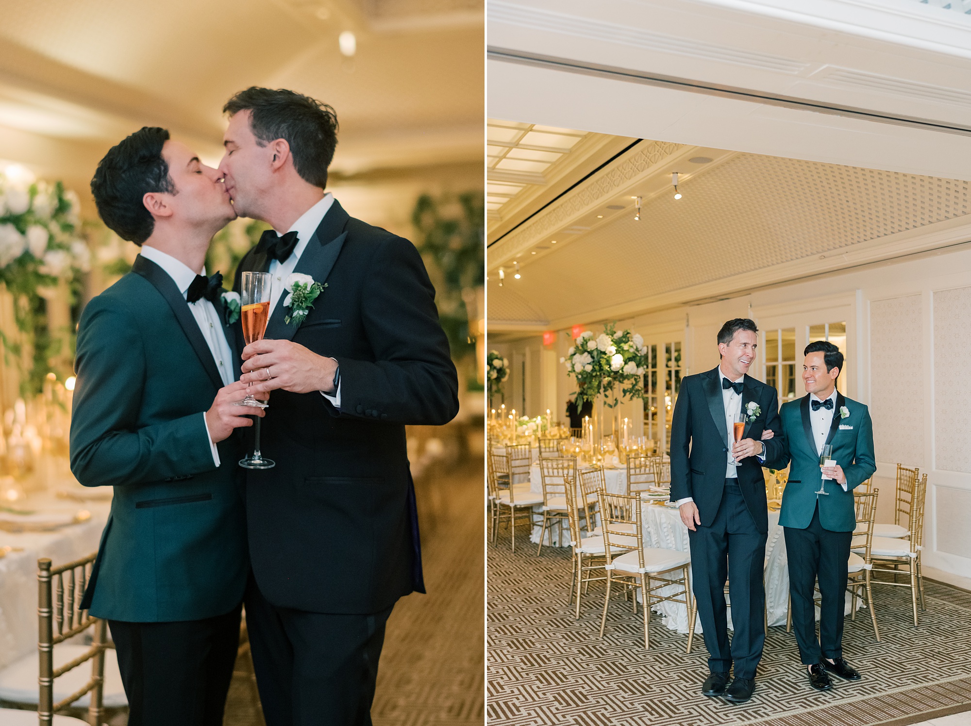 grooms kiss looking at reception inside the Hay Adams Hotel