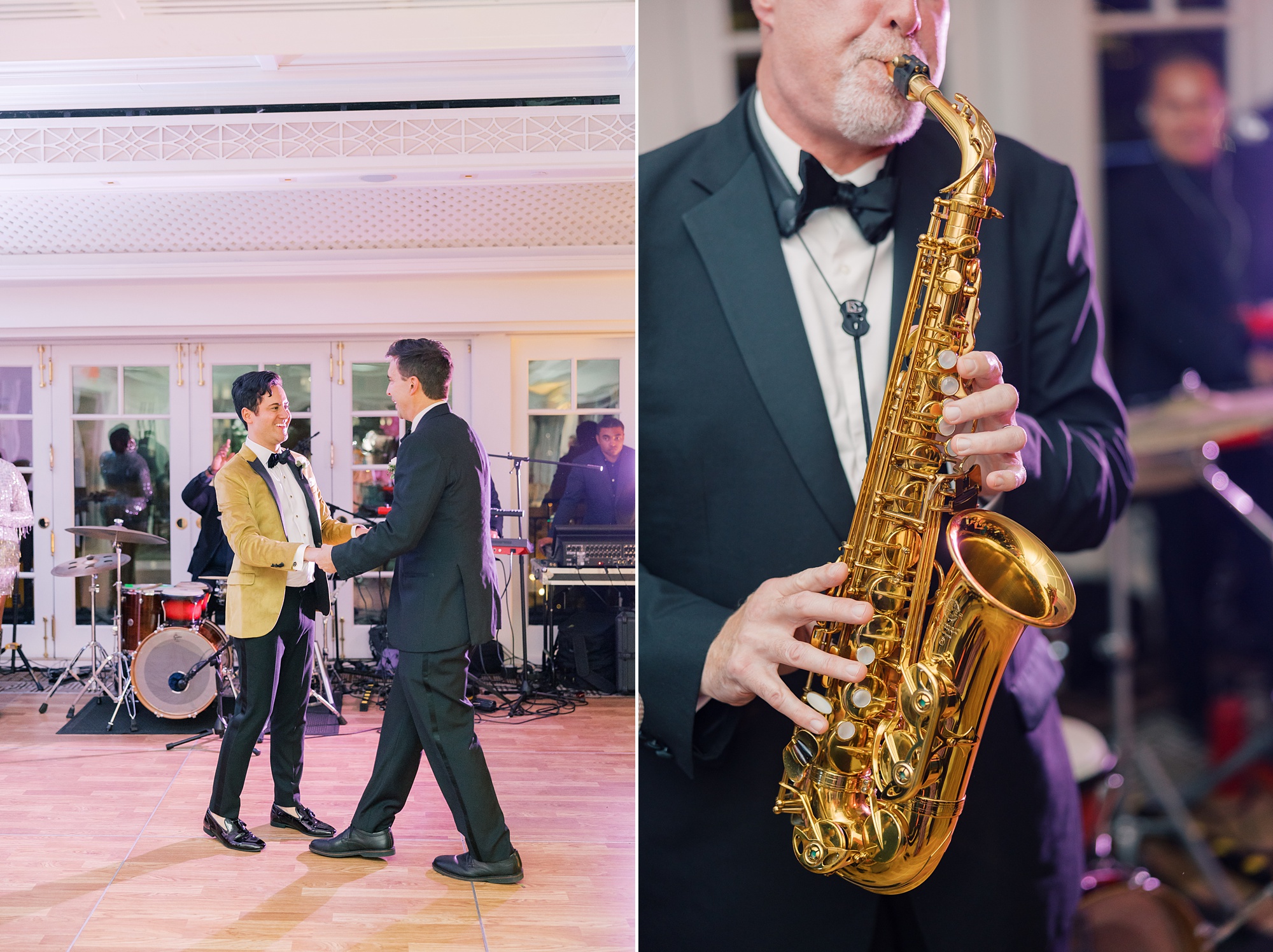 grooms dance as man plays saxophone during DC wedding reception 