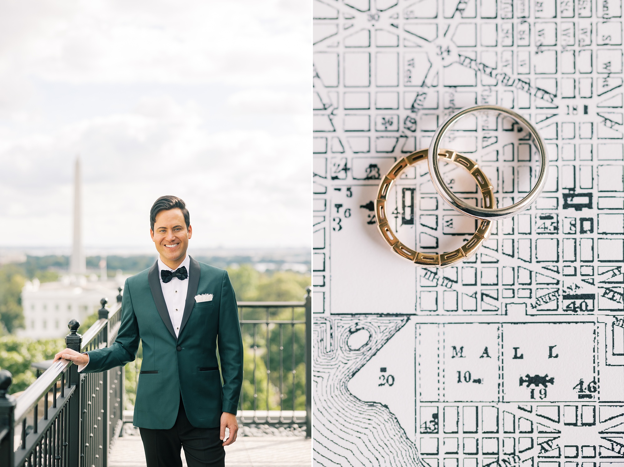 groom stands on balcony at the Hay Adams Hotel with rings on top of custom envelope liner 