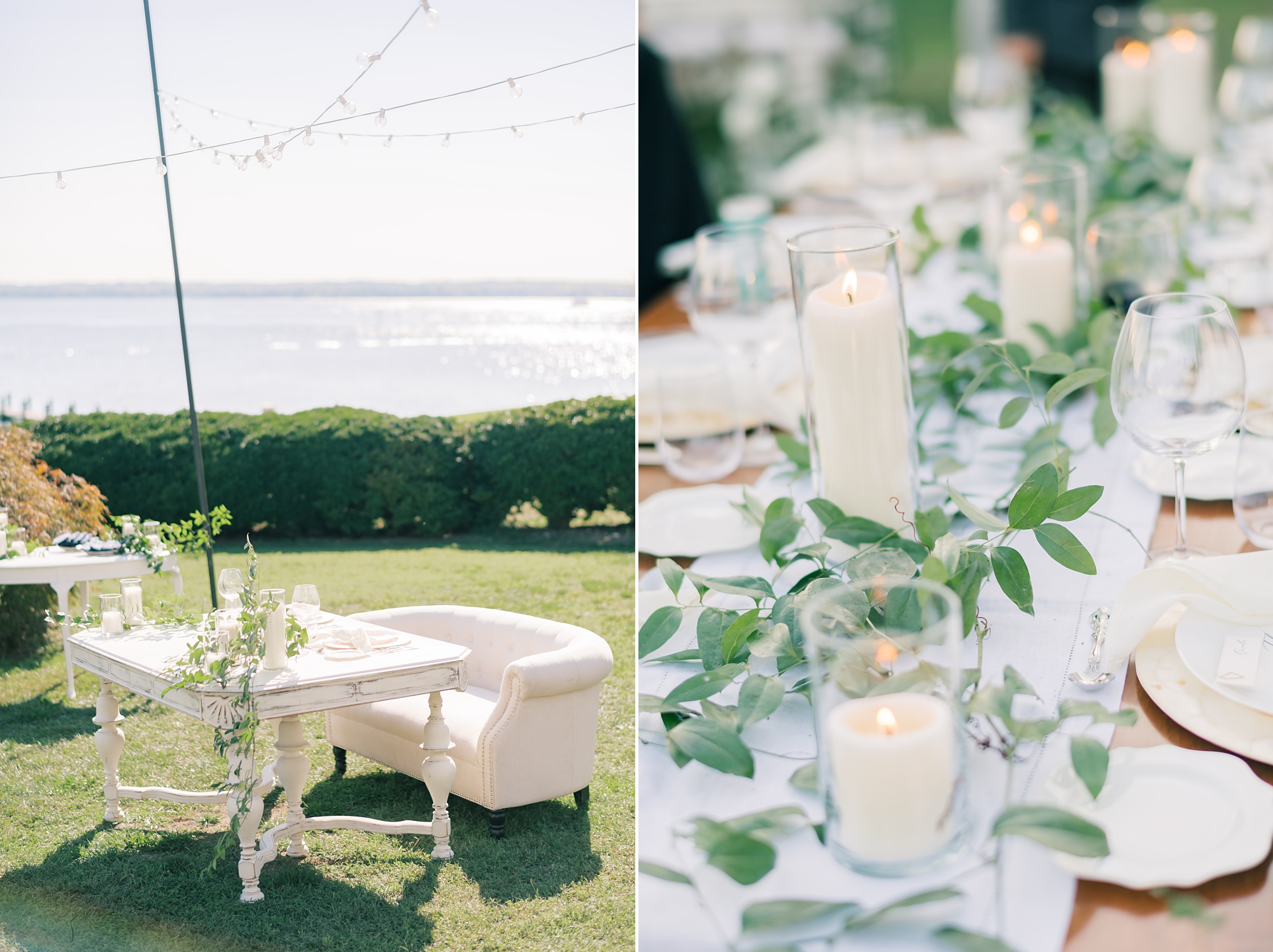 al fresco waterfront wedding reception at Rousby Hall with greenery and white candles on tables 