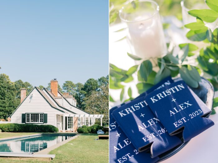 blue and white custom koozies for wedding reception at Rousby Hall