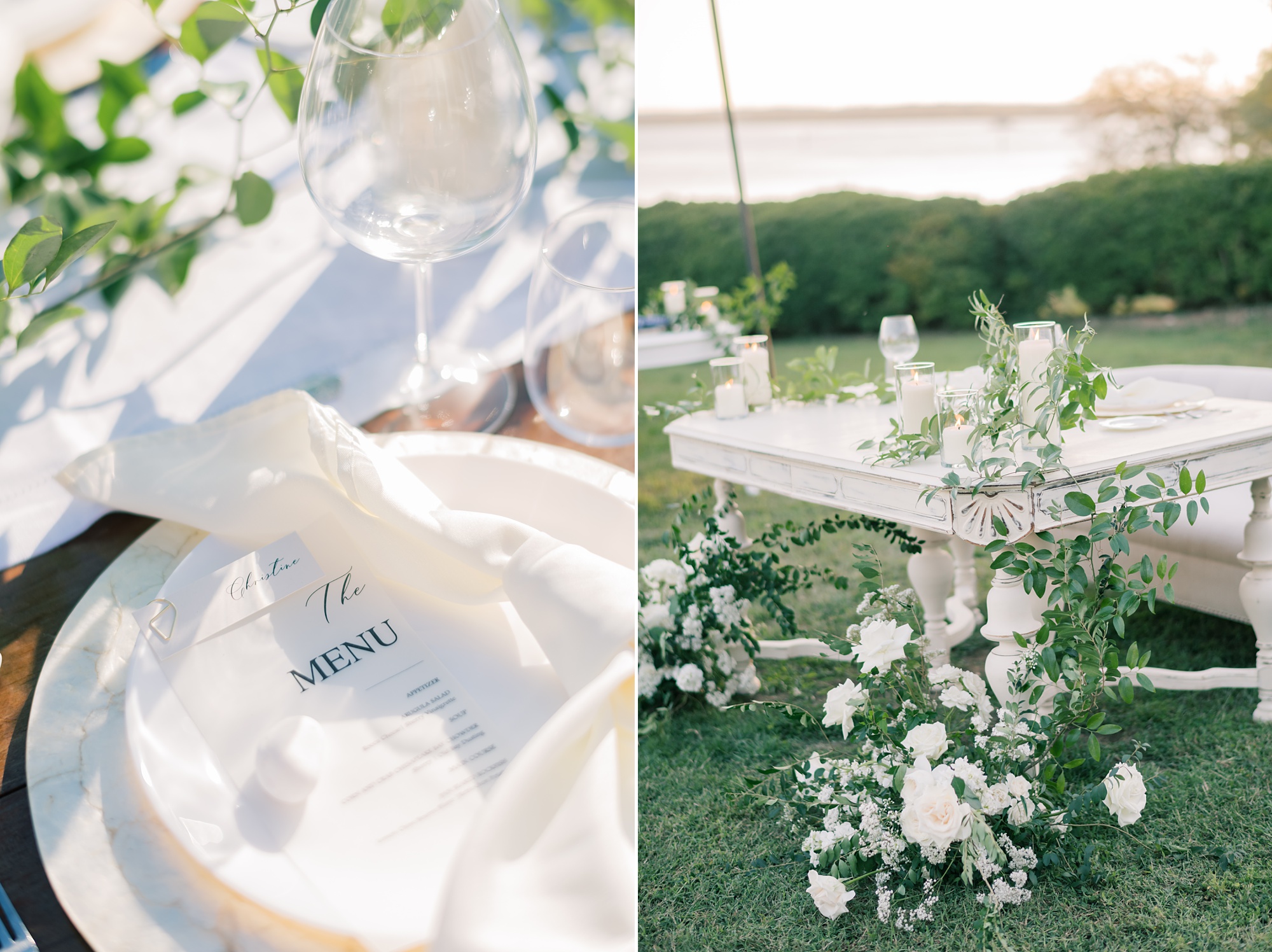 al fresco wedding reception on lawn at Rousby Hall with white flowers and greenery cascading down table leg 