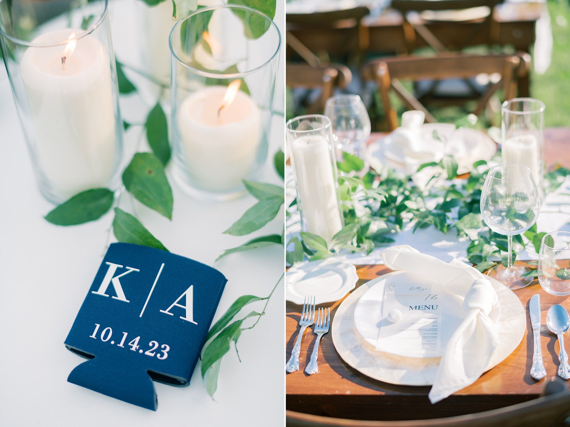 white candles nestled among greenery table runner during Maryland wedding reception at Rousby Hall